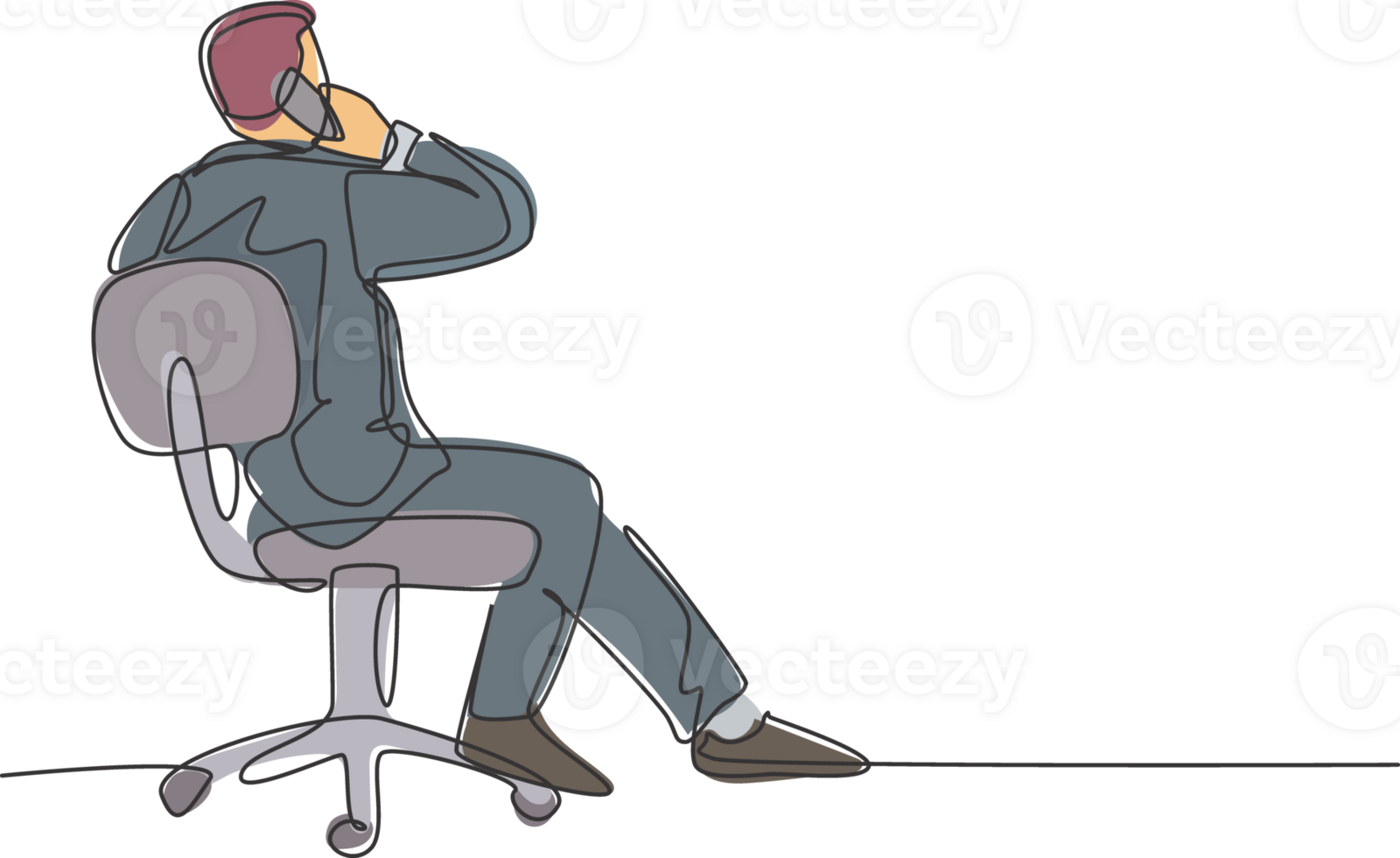 Single continuous line drawing of young businessman sitting on work chair while receive a call from his partner from back view. Business talk concept. One line draw design illustration graphic png