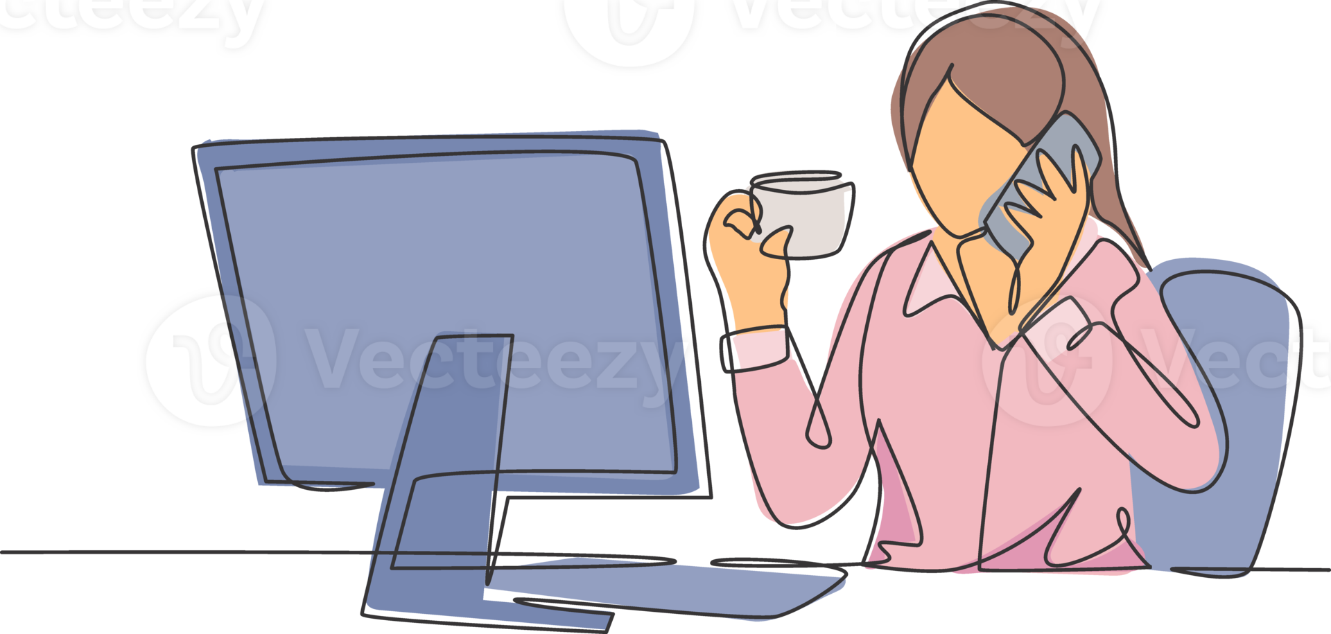One continuous line drawing of young female employee drinking a cup of coffee and calling her
