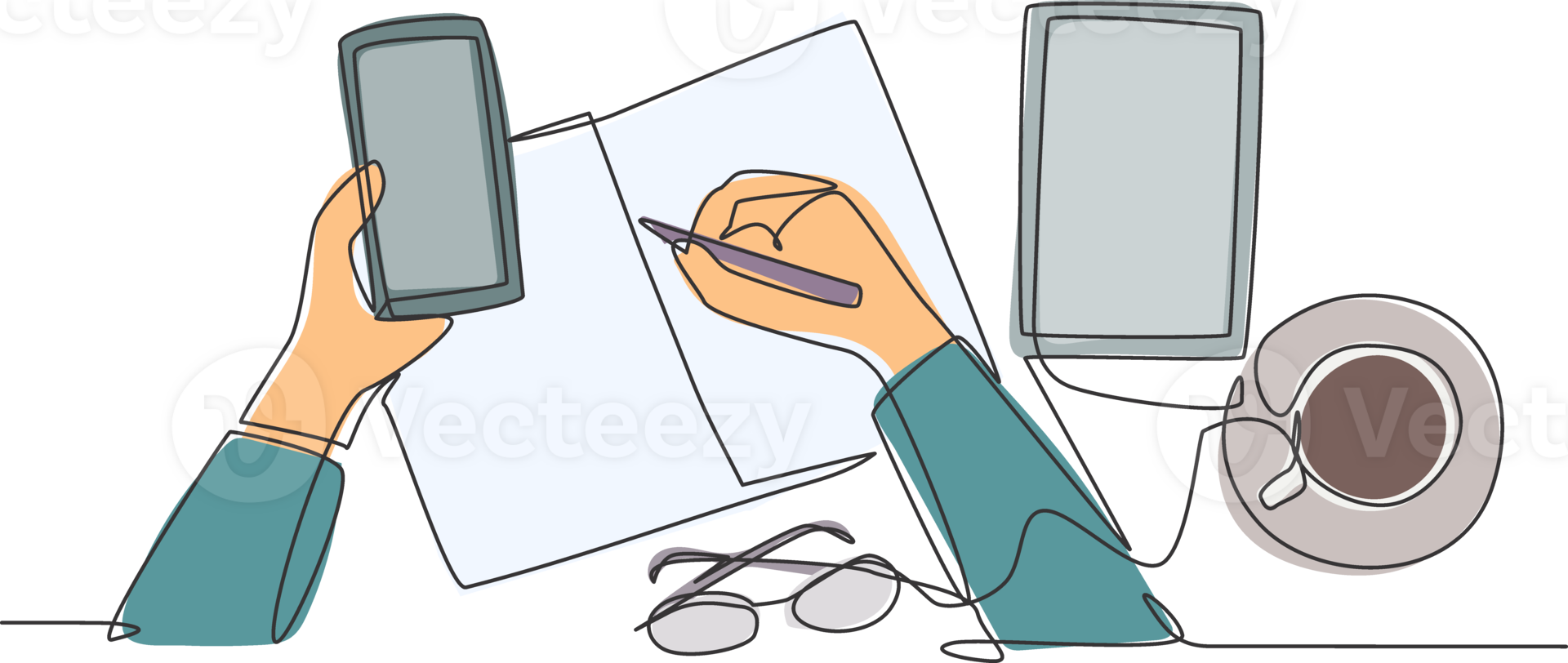 One single line drawing of finger hand touch the smartphone screen with glasses, book, tablet and a cup of coffee on work desk. Worker gadget concept continuous line draw design illustration png