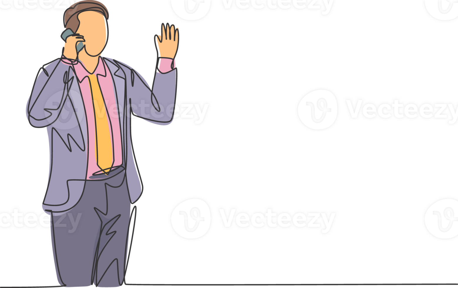 One continuous line drawing of young startup CEO holding smartphone to call investor and convincing investor to invest at his company. Business deal concept single line draw design illustration png