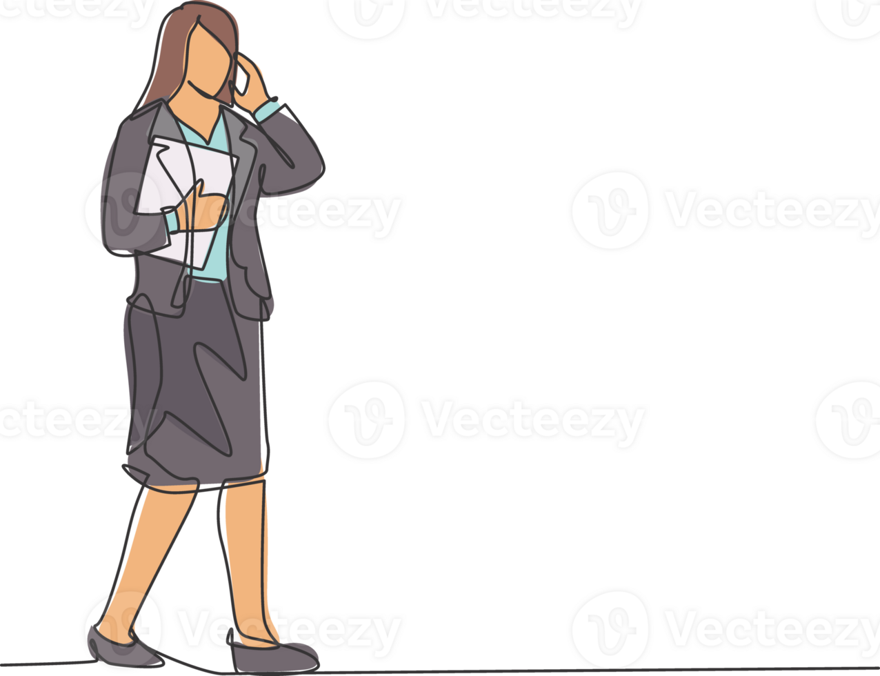 Single continuous line drawing of young businesswoman walking to the office and talking on the smartphone with her friend. Business call concept. One line draw design graphic illustration png