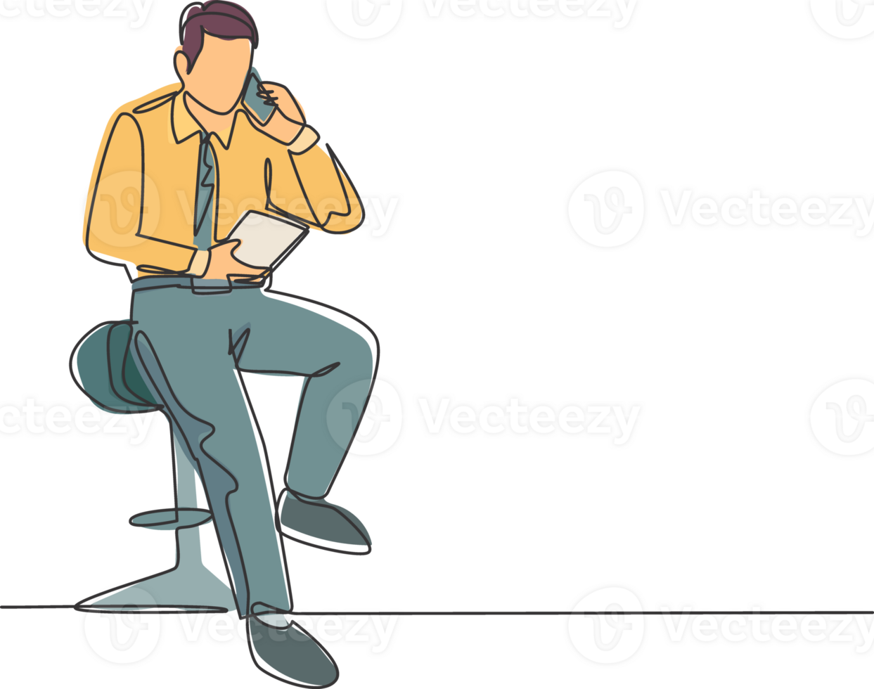 Single continuous line drawing of young businessman sitting relax on work chair and analyzing annual report at tablet screen. Business analyze concept one line draw design graphic illustration png