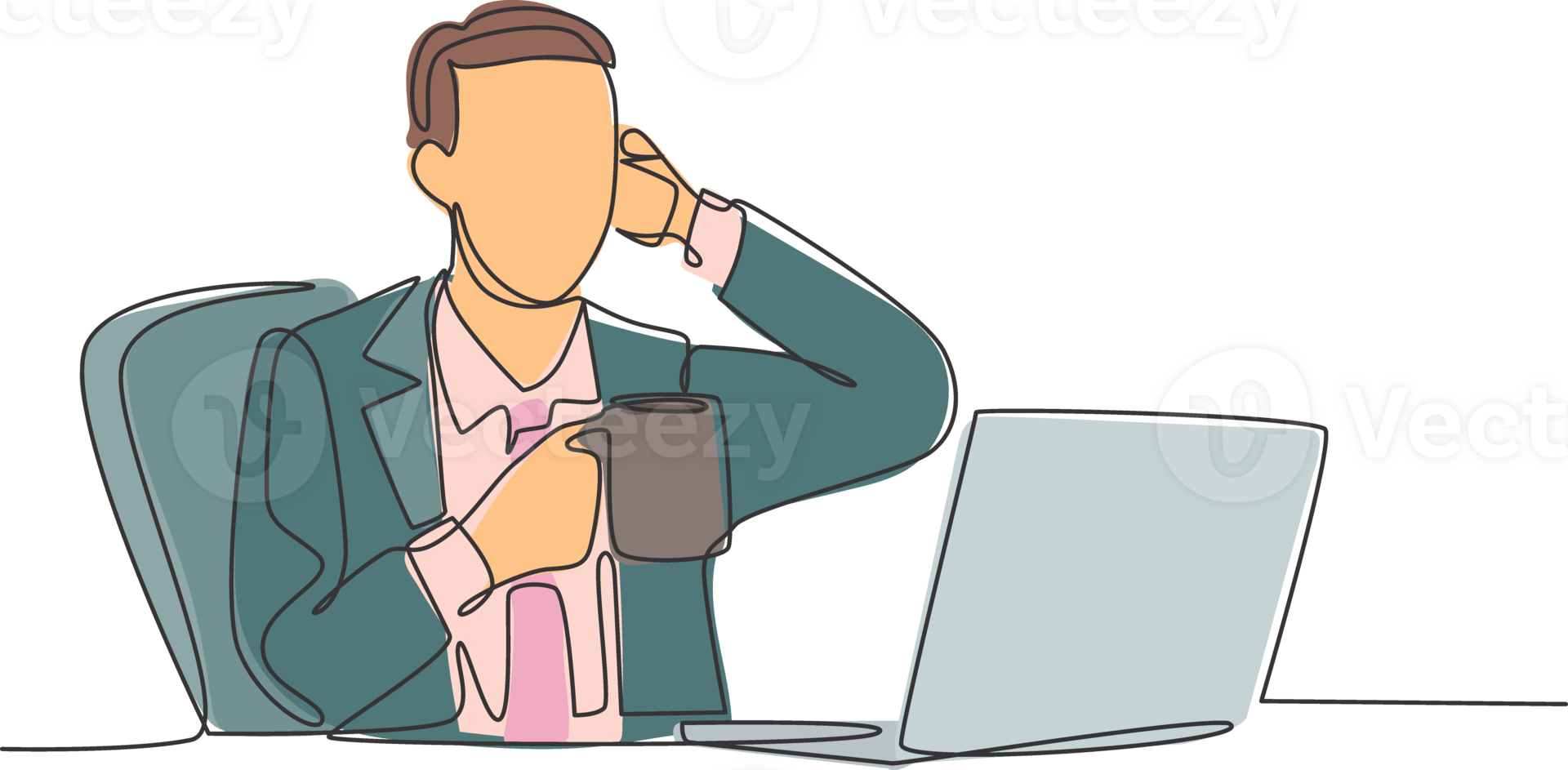 Single continuous line drawing of young happy manager sitting at his work desk and calling his partner with smartphone. Business conversation concept. One line draw graphic design illustration png