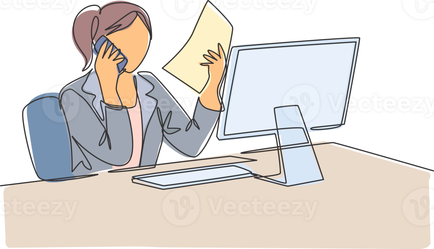 One single line drawing of young woman employee asking her friends using cellphone about company financial report at the office. Annual report concept continuous line draw design illustration png