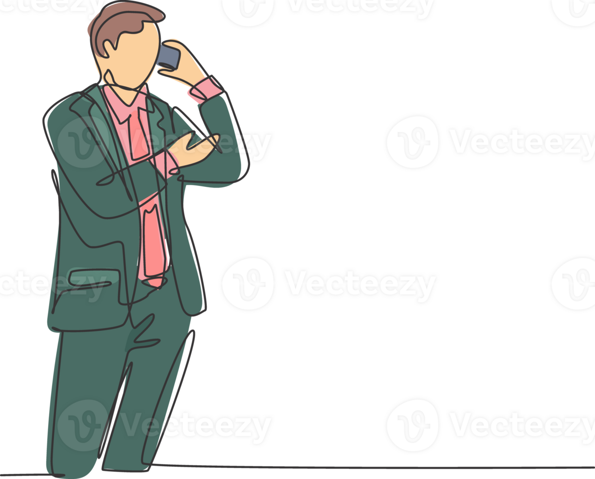 Single continuous line drawing of young startup CEO standing and holding a smartphone to call colleague asking for business agreement. Business chat concept one line draw design illustration png