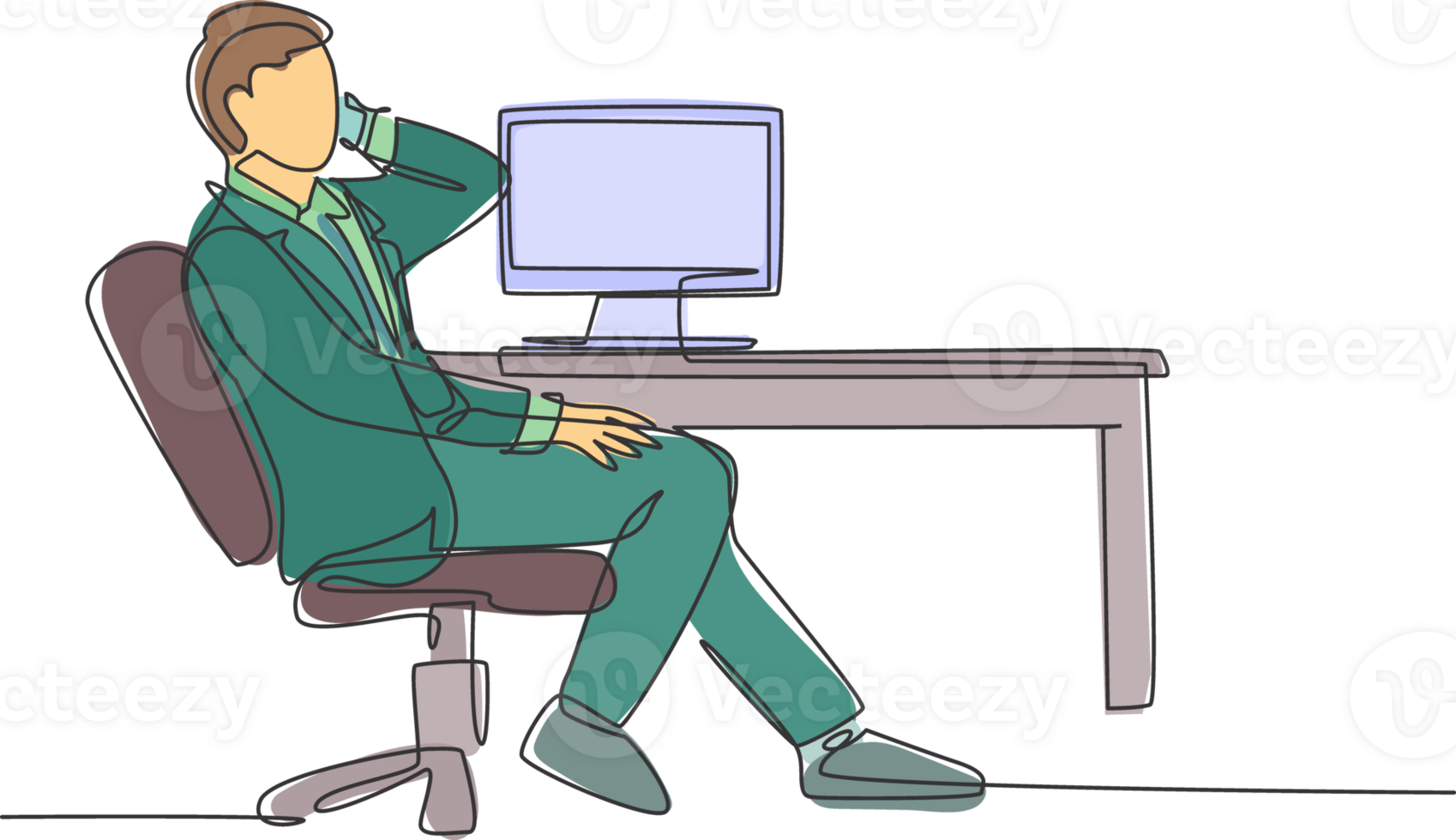 Single continuous line drawing of young male director sitting on work chair and calling his managers in front of computer. Business talk concept one line draw design graphic illustration png