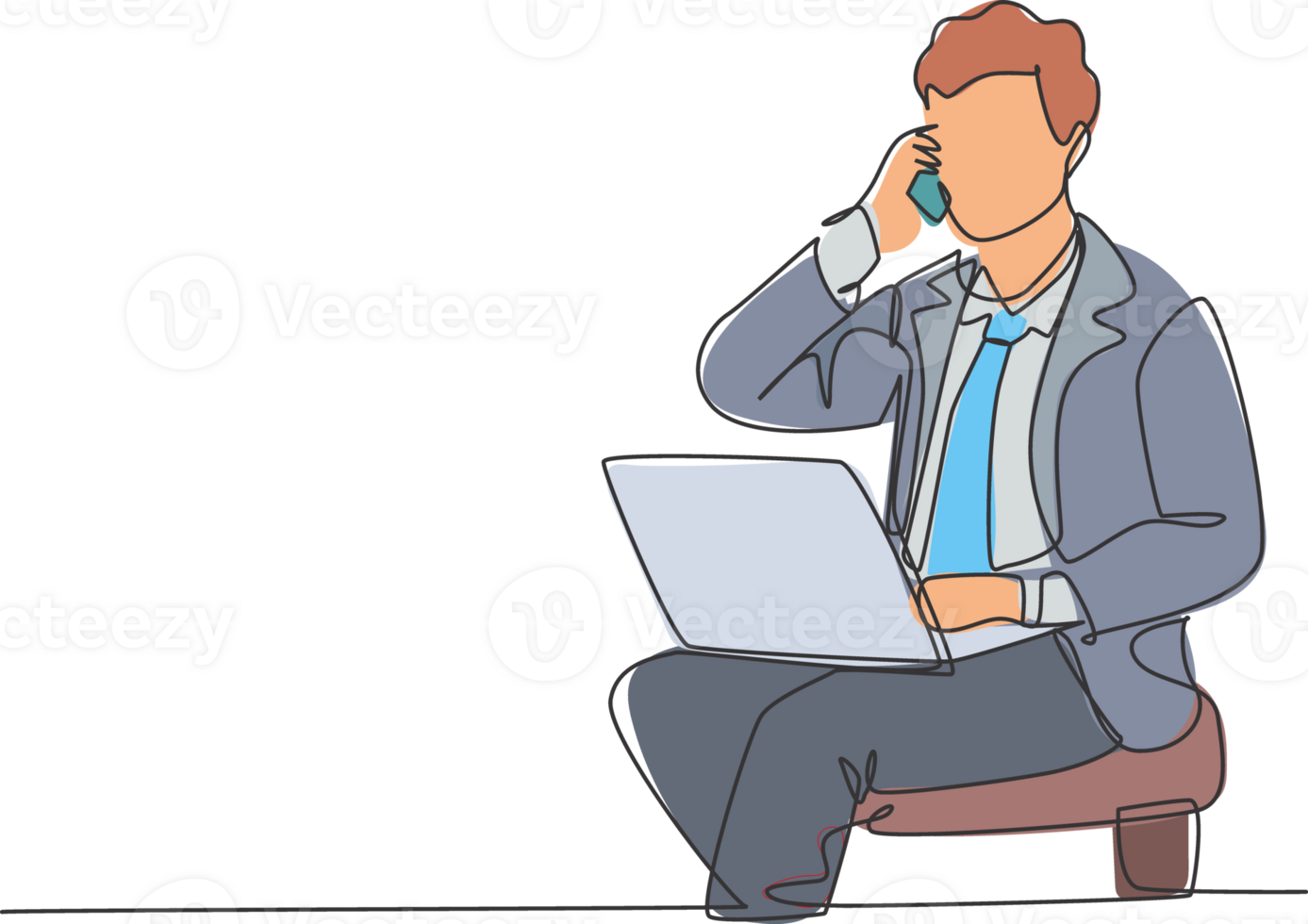 Single continuous line drawing of young manager sitting and typing on laptop during calling his team member to give instruction. Work direction concept one line draw graphic design illustration png