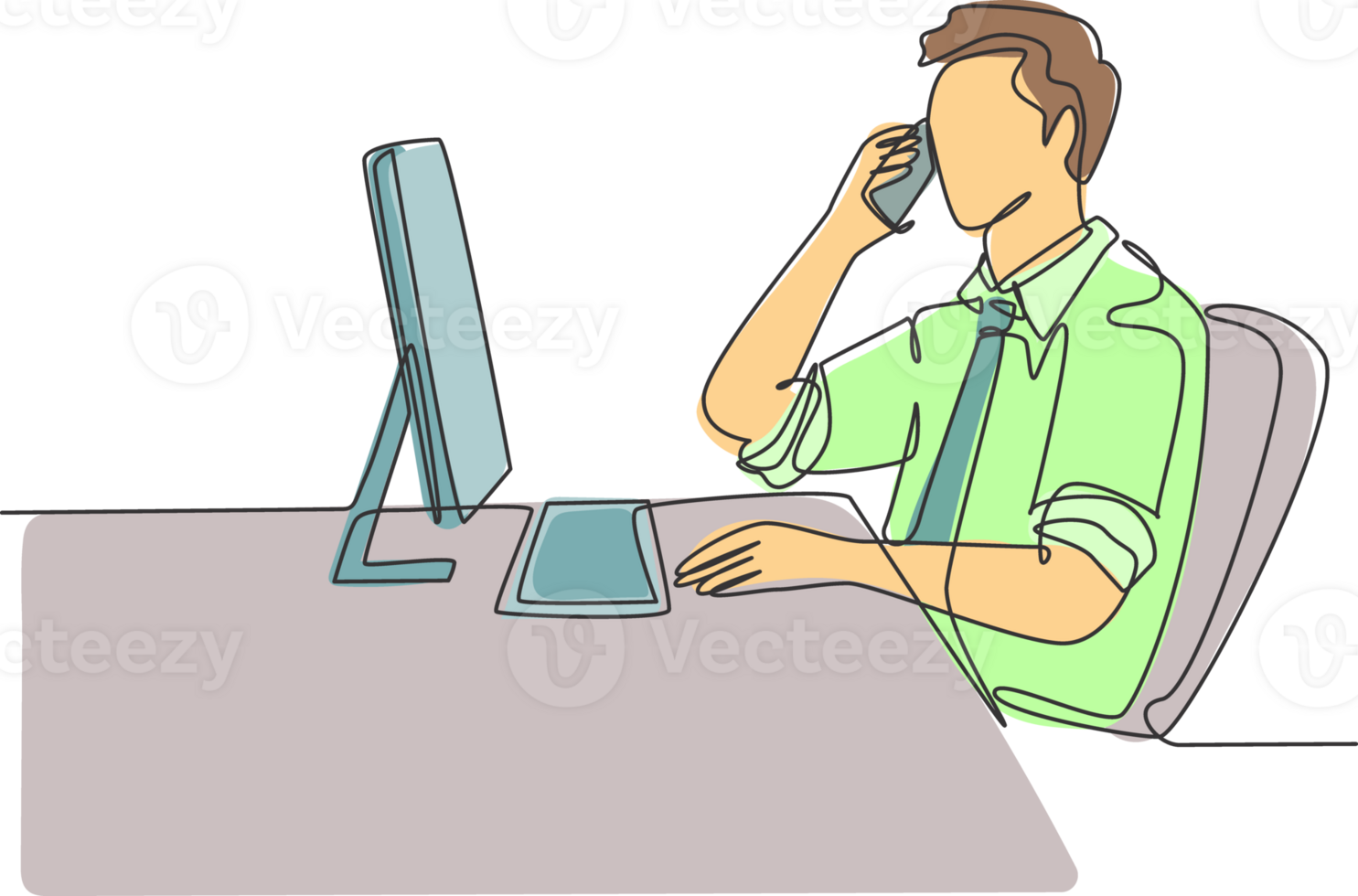 One single line drawing of young male company director giving short brief through phone call to his team member from the office. Business talk concept continuous line draw design illustration png
