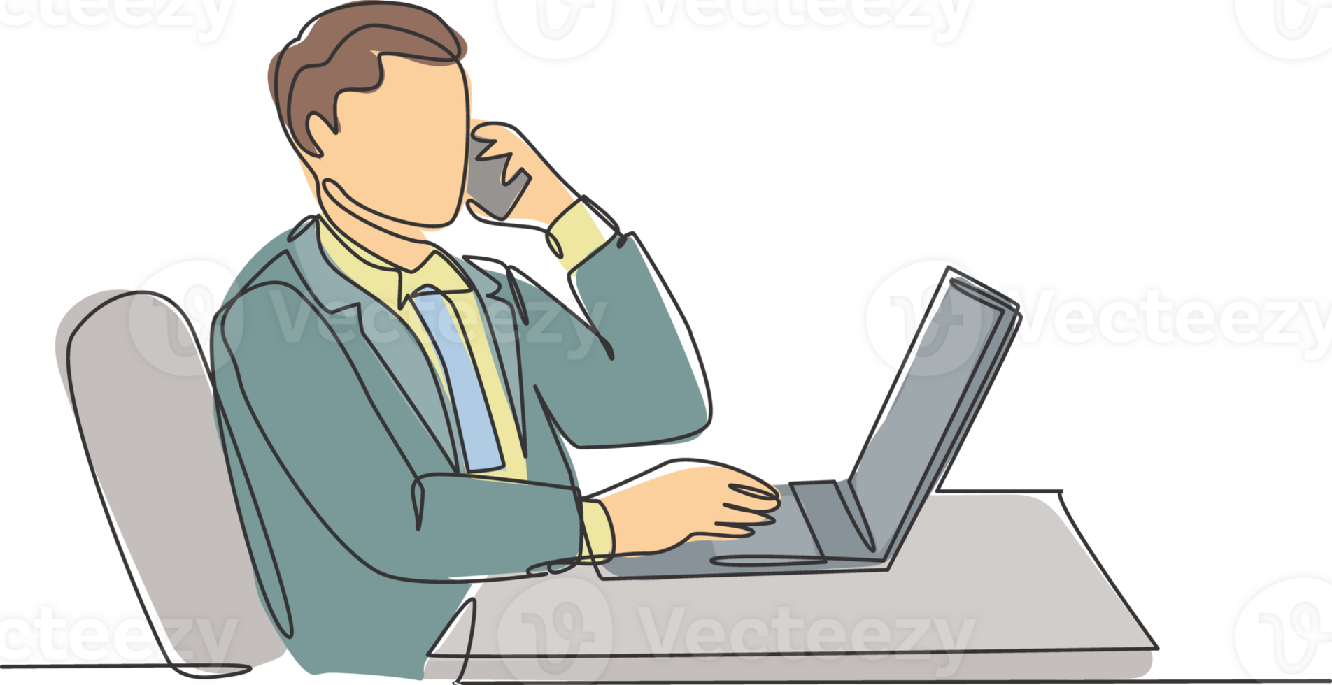 One single line drawing of young male company director giving short brief through phone call to his team member from the office. Business talk concept continuous line draw design illustration png