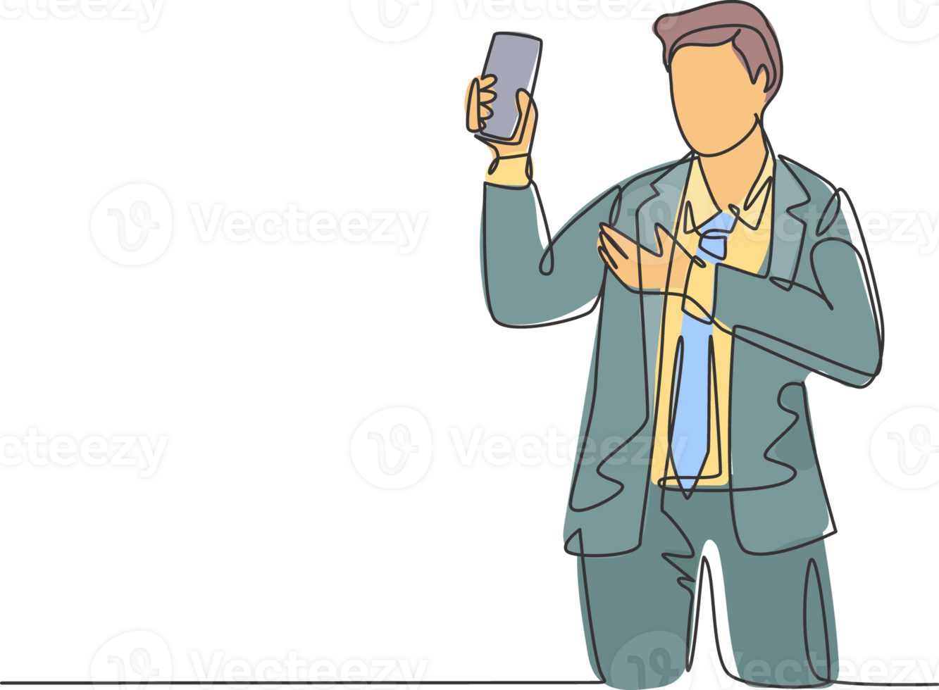 One continuous line drawing of young salesman promote and introduce new smartphone device series to customer. Product introduction marketing concept. Single line draw design illustration png