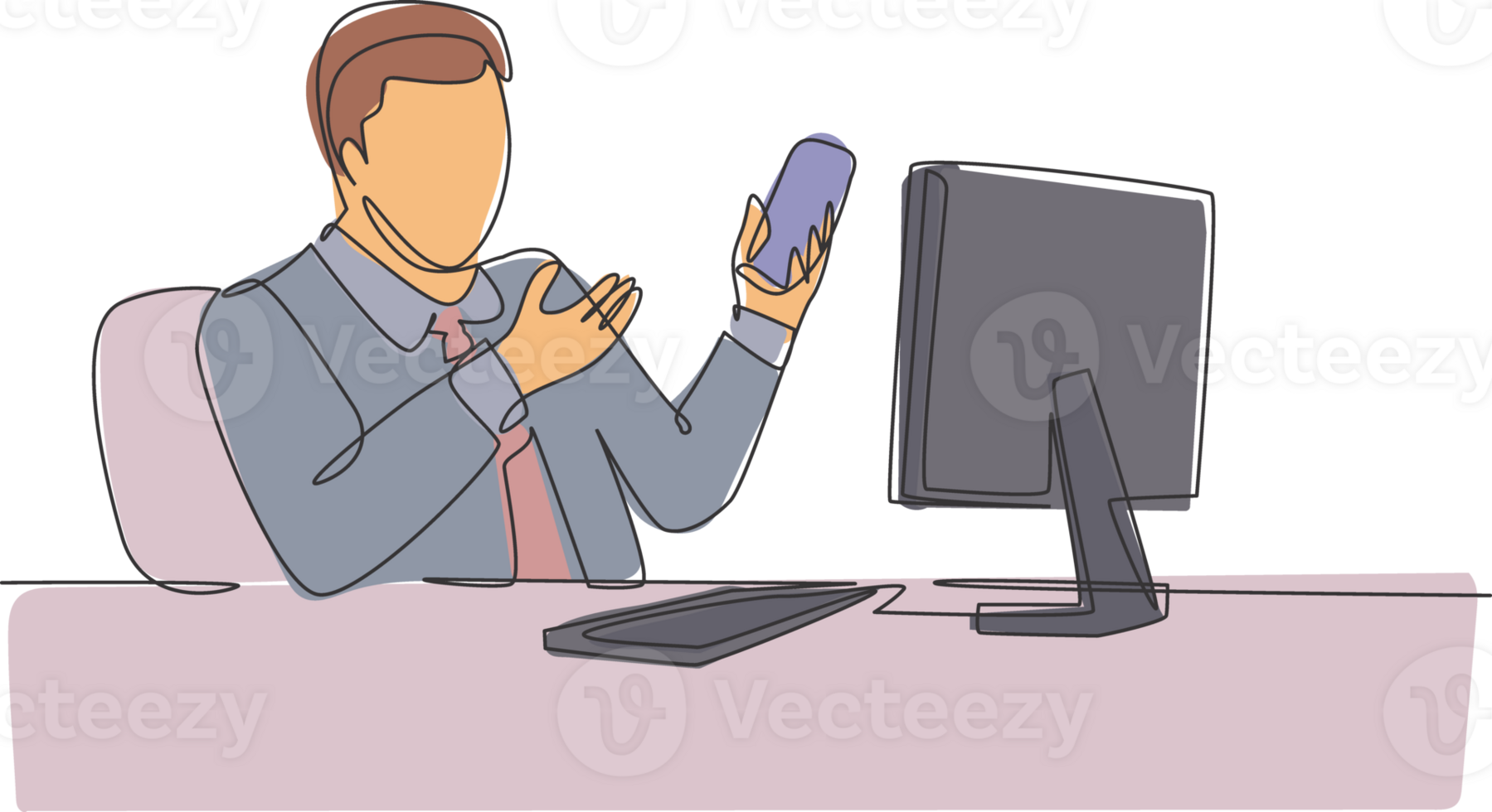 One continuous line drawing of young happy manager holding smartphone while introduce company culture and environment to his new staff. Trendy single line draw graphic design illustration png