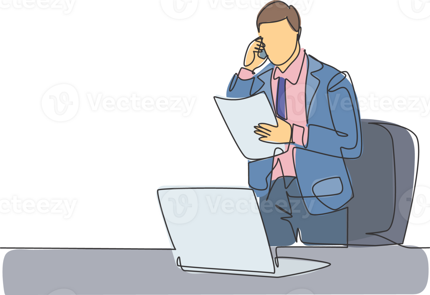 Single continuous line drawing of young marketing manager reading sales report from sales division during receiving a phone call. Company report concept one line draw design illustration png