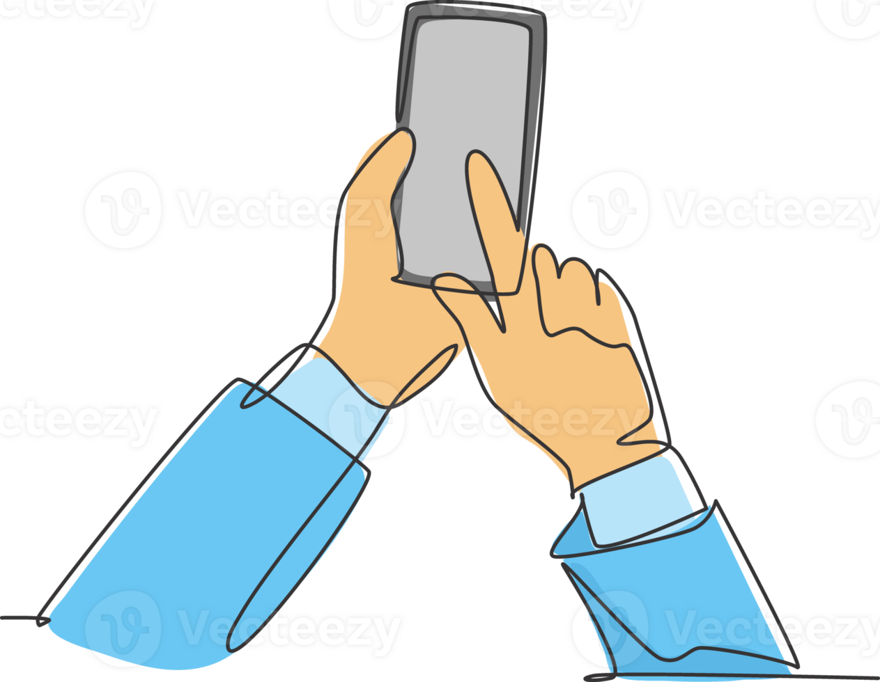 uno continuo linea disegno di gesto mani Tenere e toccare il schermo di smartphone per finire transazione su in linea negozio. aggeggio dispositivo concetto singolo linea disegnare design grafico illustrazione png