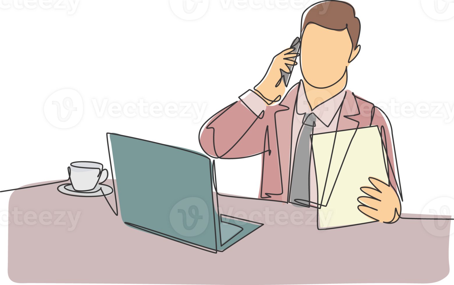 One single line drawing of young male manager reading company annual report while receiving phone call from staff at the office. Check report concept continuous line draw design illustration png