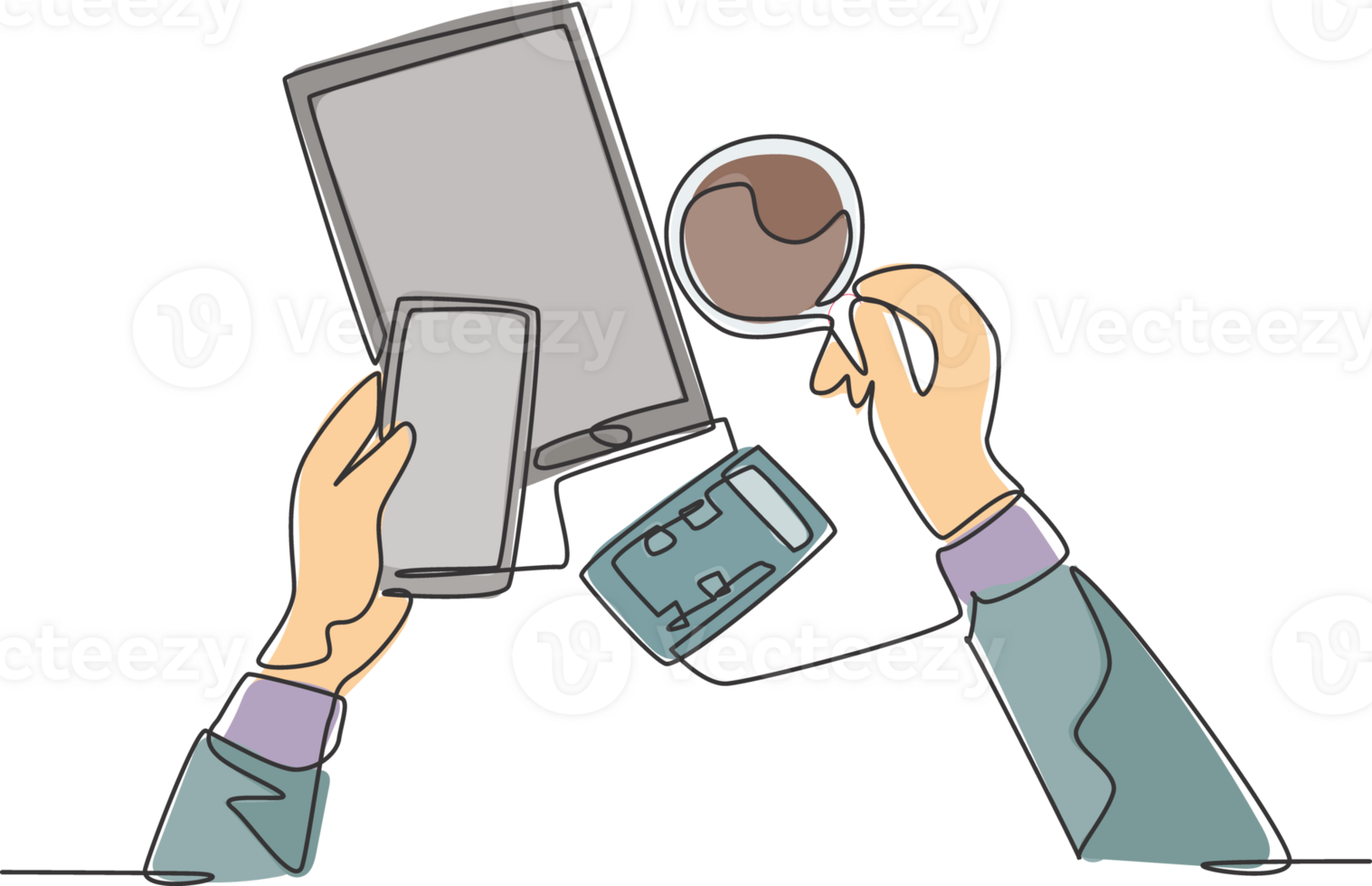 Célibataire continu ligne dessin de main en portant téléphone intelligent et une tasse de café à côté de calculatrice et tablette sur bureau. Bureau équipement concept. moderne un ligne dessiner conception graphique illustration png