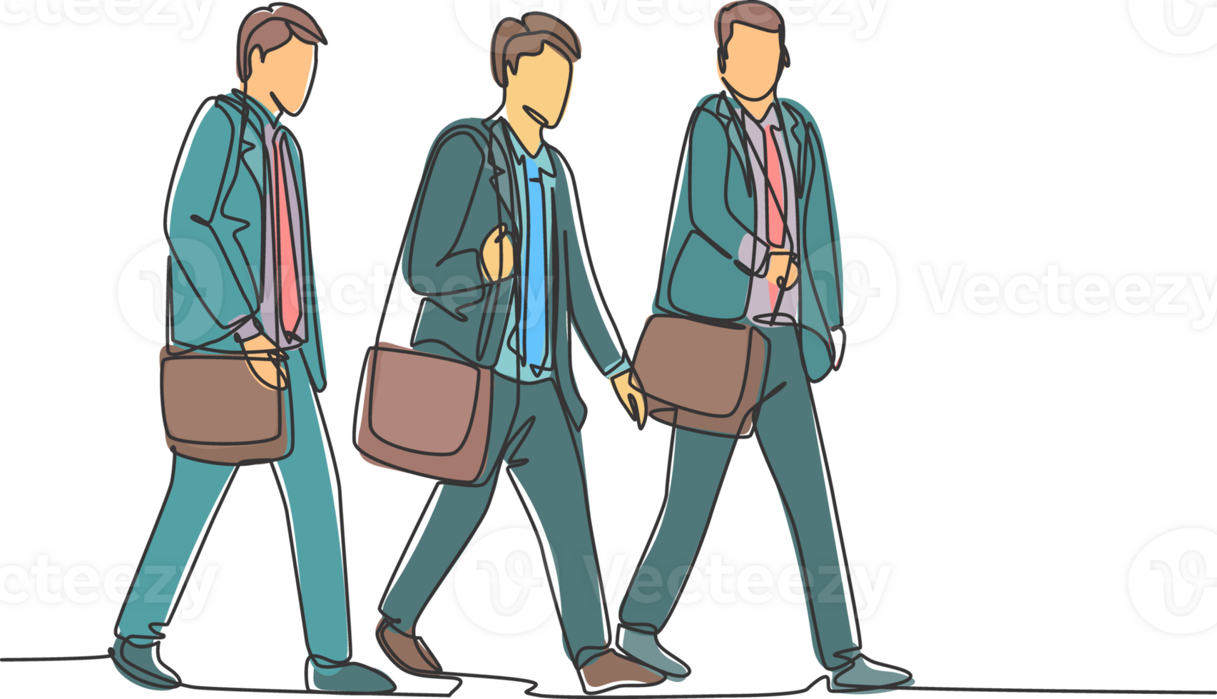 Single continuous line drawing of young male employees talking and walking together on city corridor to go to the office. Walking together on street concept one line draw design illustration png