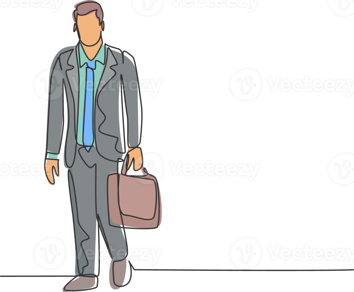 One single line drawing of young male manager walking on townstreet to go to the office while holding suitcase. Urban commuter worker concept continuous line draw design illustration png