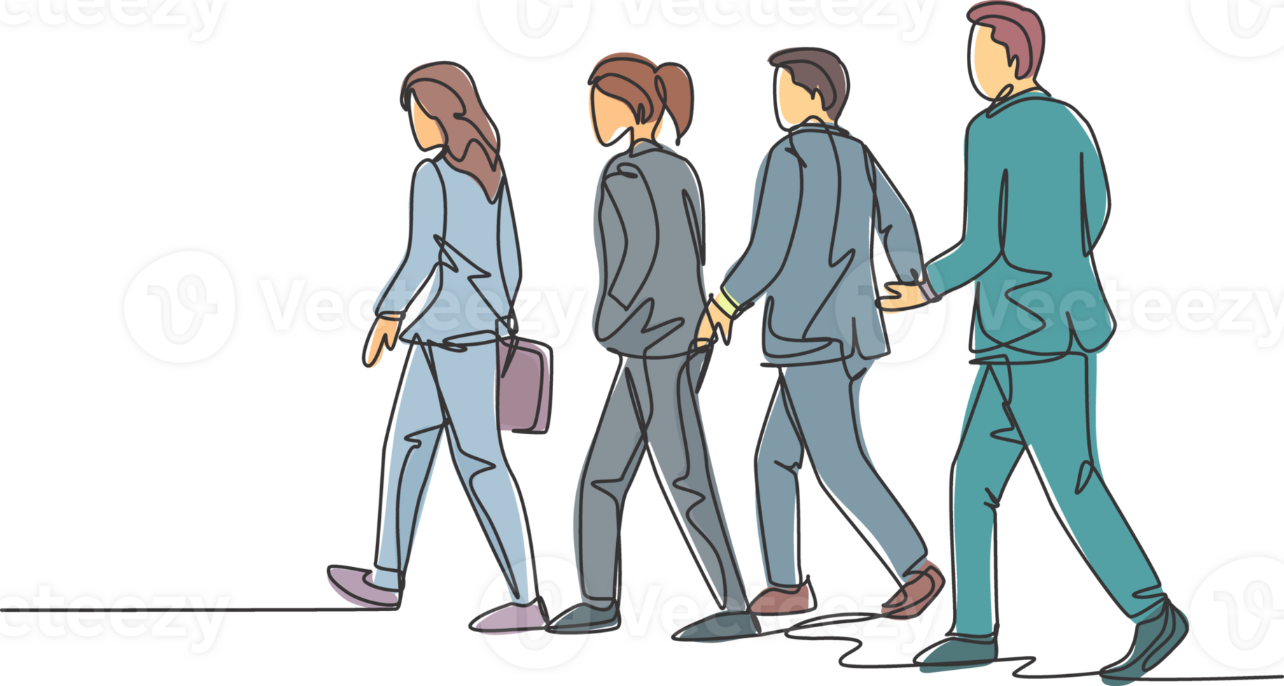 One continuous line drawing of group urban male and female commuters walking every day on city road go to the office. Urban commuter workers concept single line draw graphic design illustration png