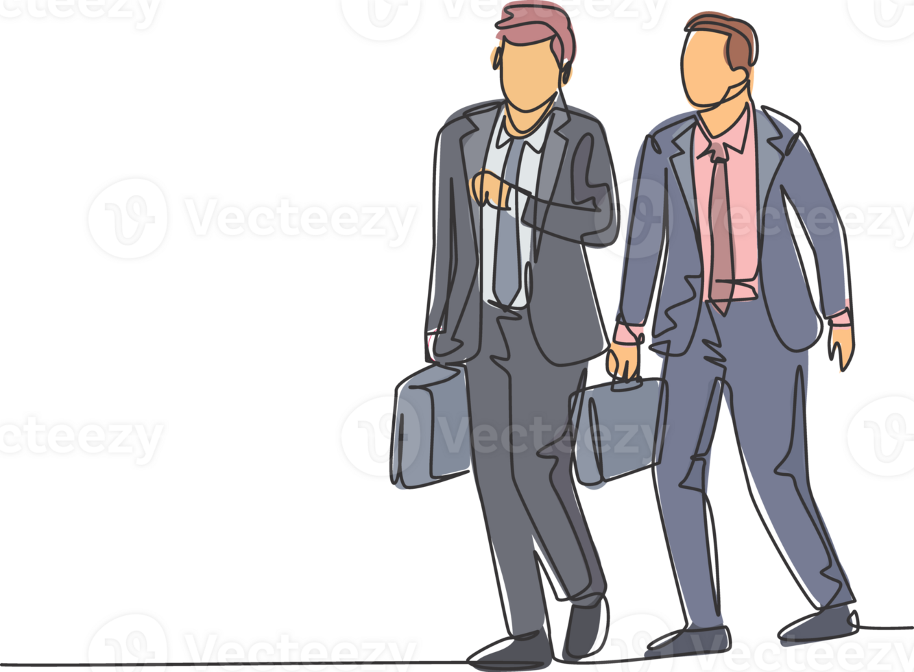 One single line drawing of two young male managers walking in hurry while looking at his watch try not be late for work. Urban commuter worker concept continuous line draw design illustration png