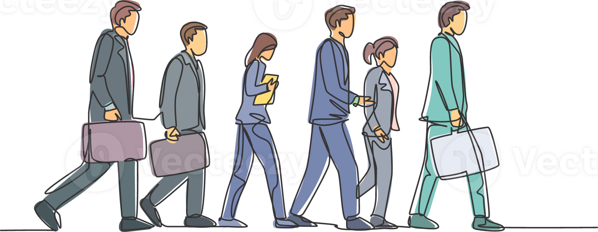 One continuous line drawing of group urban male and female commuters walking every day on city road go to the office. Urban commuter workers concept single line draw design illustration png