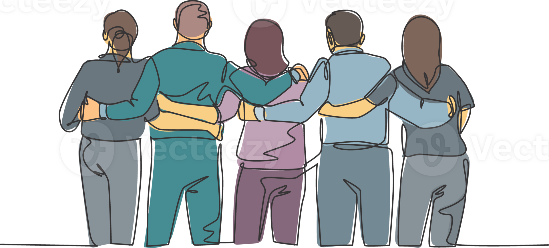 Single continuous line drawing about group of men and woman from multi ethnic standing and hugging together to show their unity bonding. Friendship concept one line draw design illustration png
