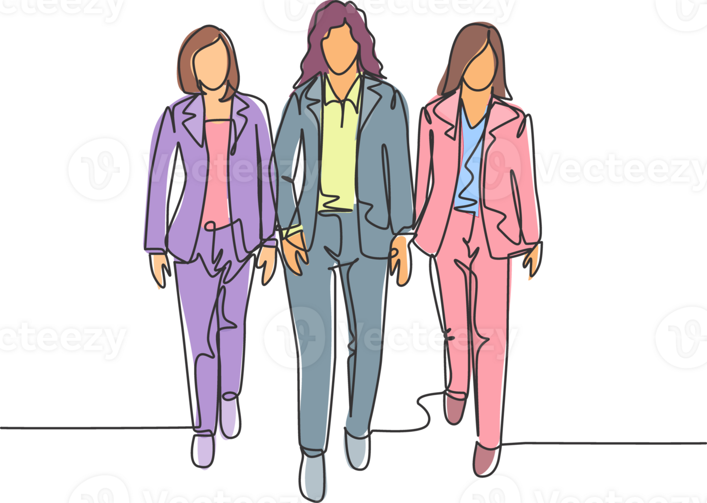 One continuous line drawing of young female managers walking together neatly in a row in city street go to office. Urban commuter workers concept single line draw design graphic illustration png