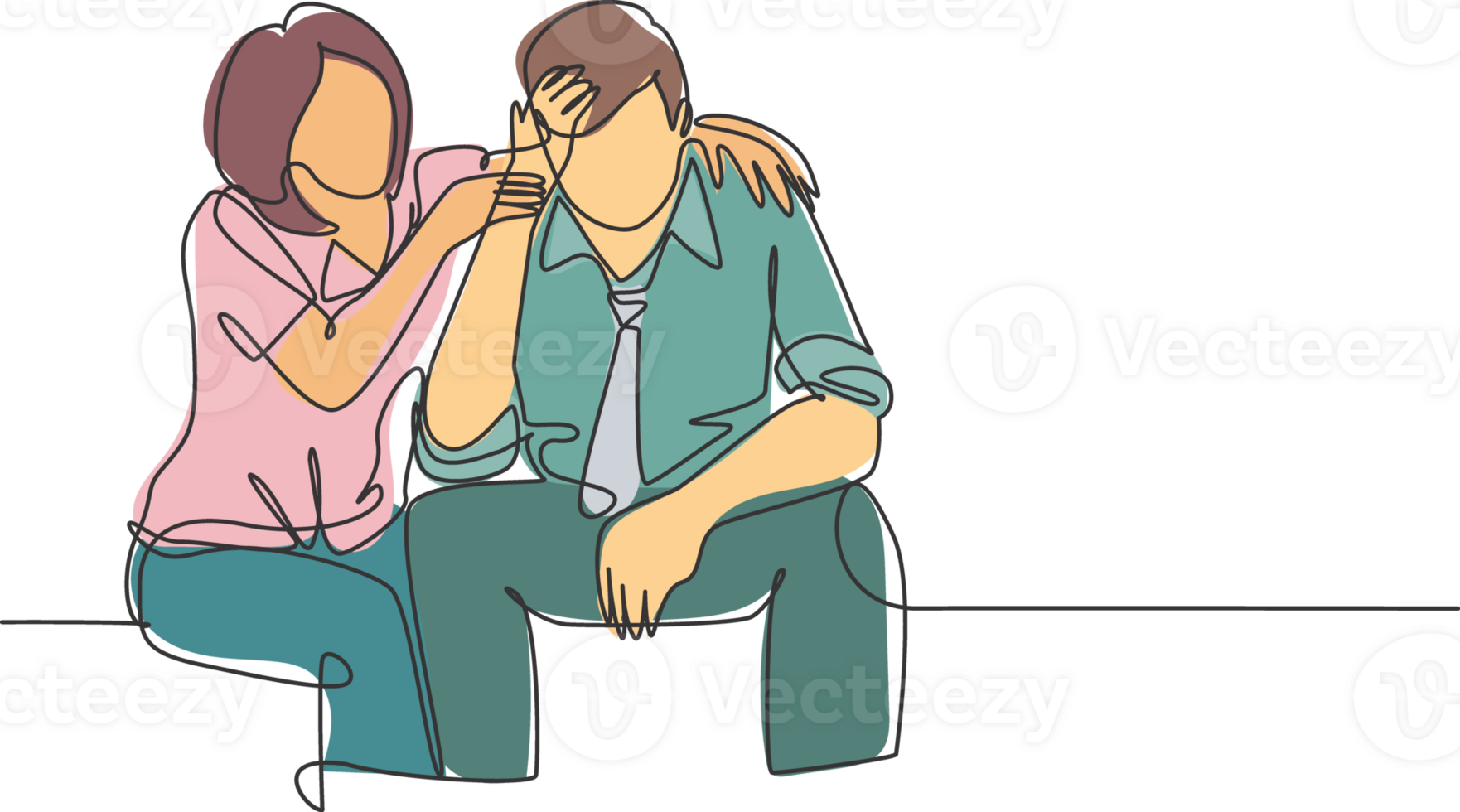 Single continuous line drawing of young female worker hugging and cheering her sad and despair office friend. Work partner support concept. Trendy one line draw design graphic illustration png