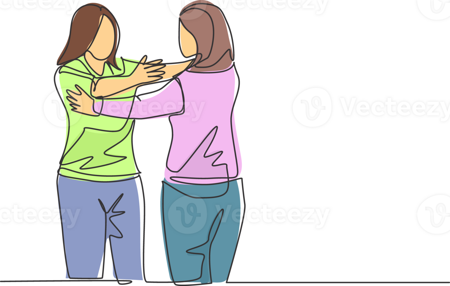 One single line drawing of two young happy businesswoman hugging each other when meeting at the office. Welcome greeting old friend concept continuous line draw design illustration png