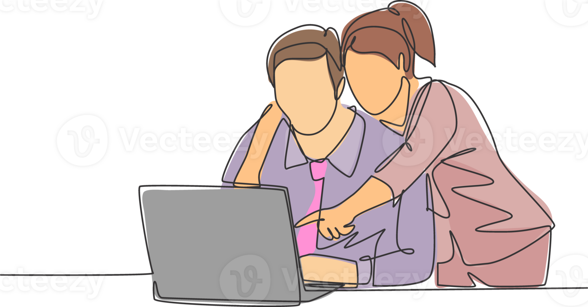 One single line drawing of young happy couple embracing and hugging romantic in front of computer discussing business. Couple lover worker concept continuous line draw design illustration png