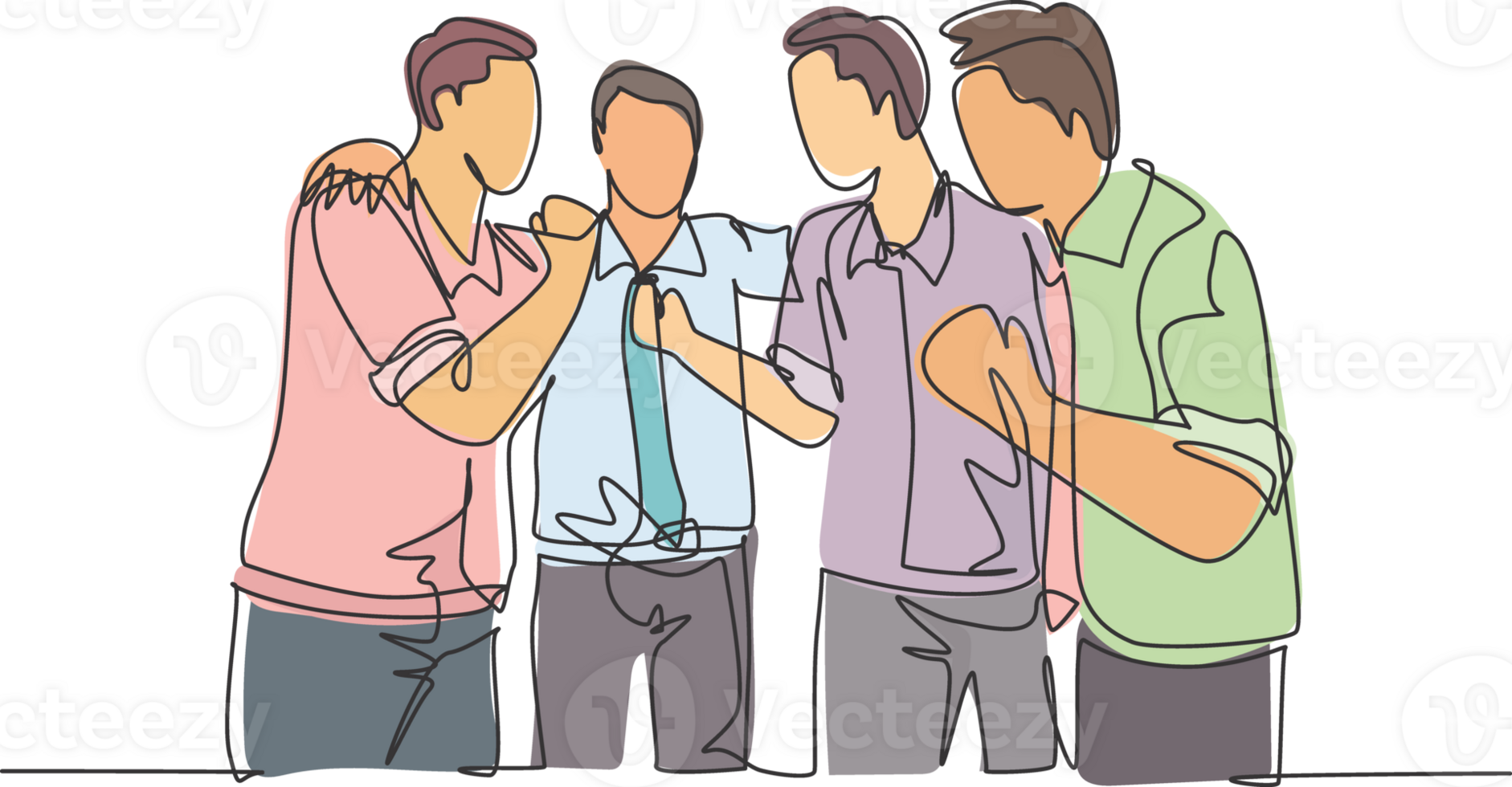 Single continuous line drawing of happy male team member cheering together and hugging each other to celebrate their success. Business team concept. One line draw design illustration png