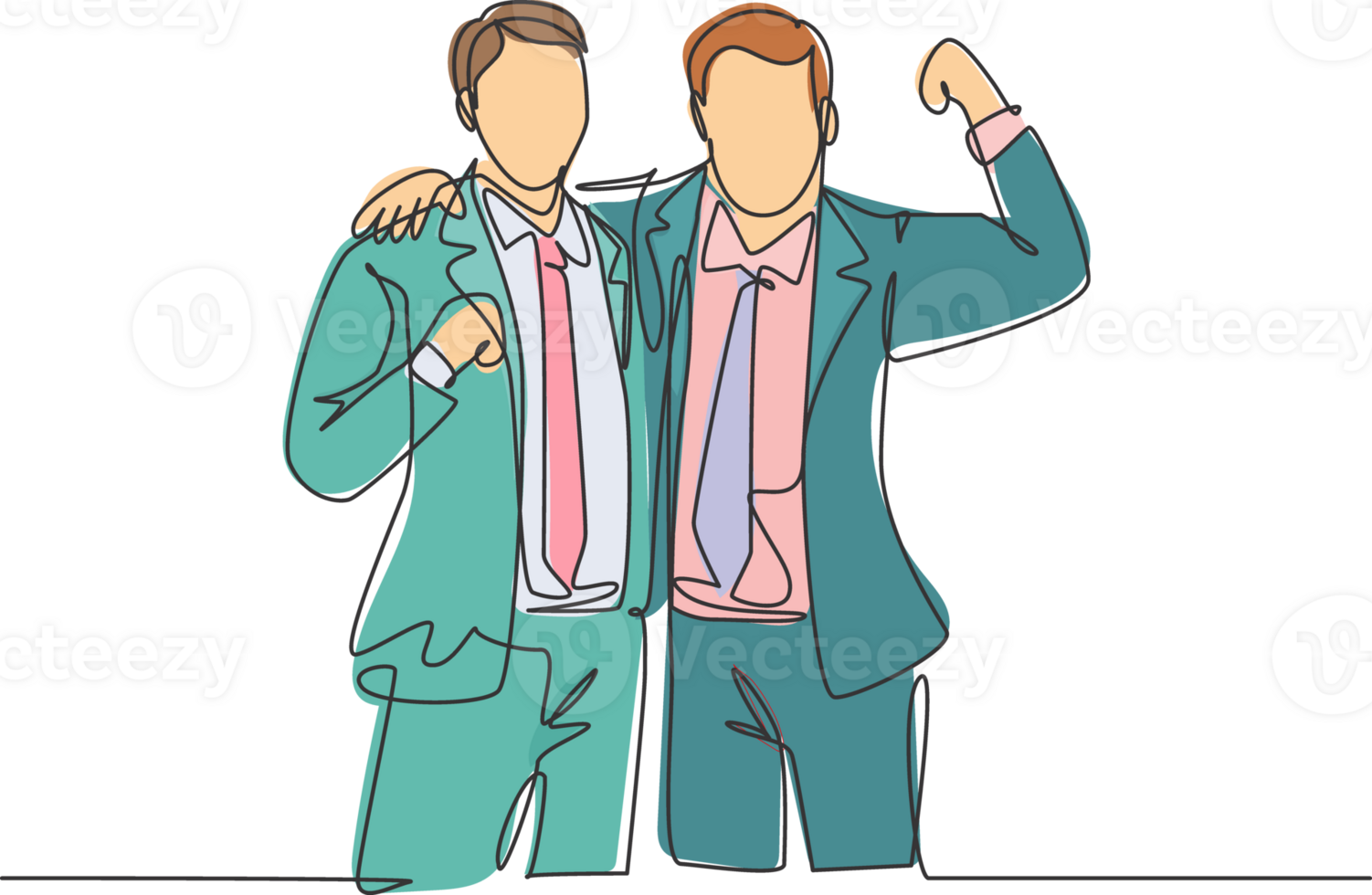 One continuous line drawing of two young happy businessmen at the office standing together and posing to hug each other. Business partner concept single line draw design graphic illustration png