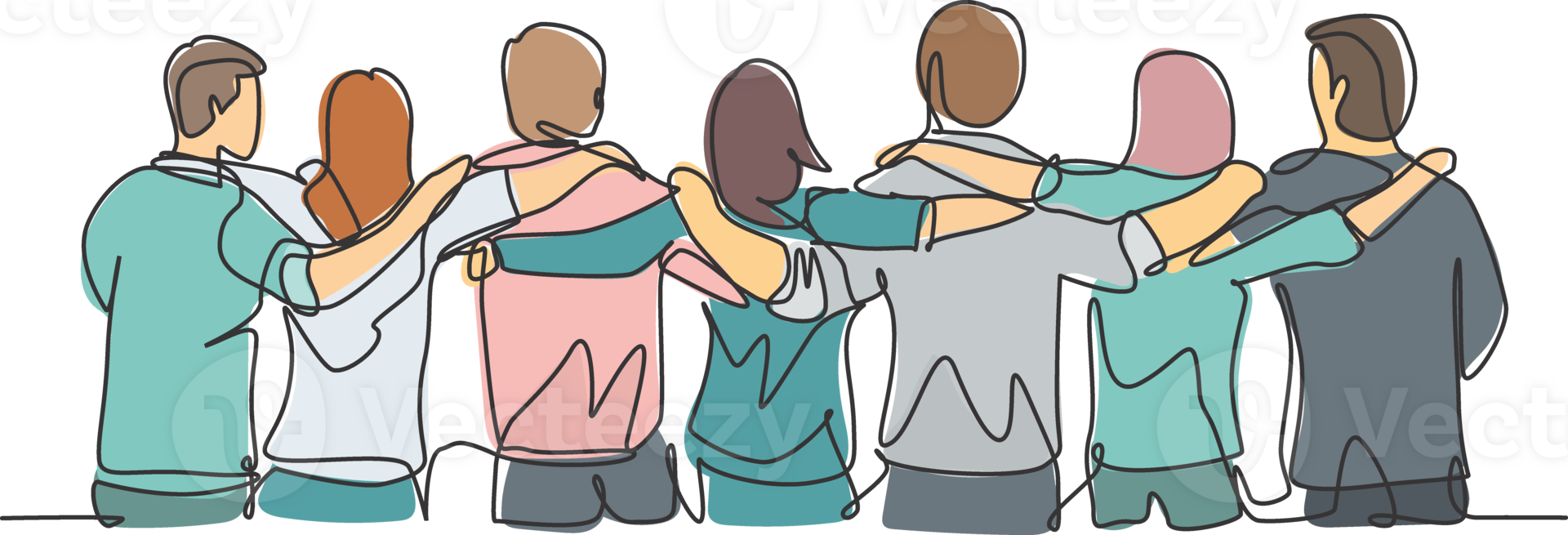 Single continuous line drawing about group of men and woman from multi ethnic standing together to show their friendship bonding. Unity in diversity concept one line draw design illustration png
