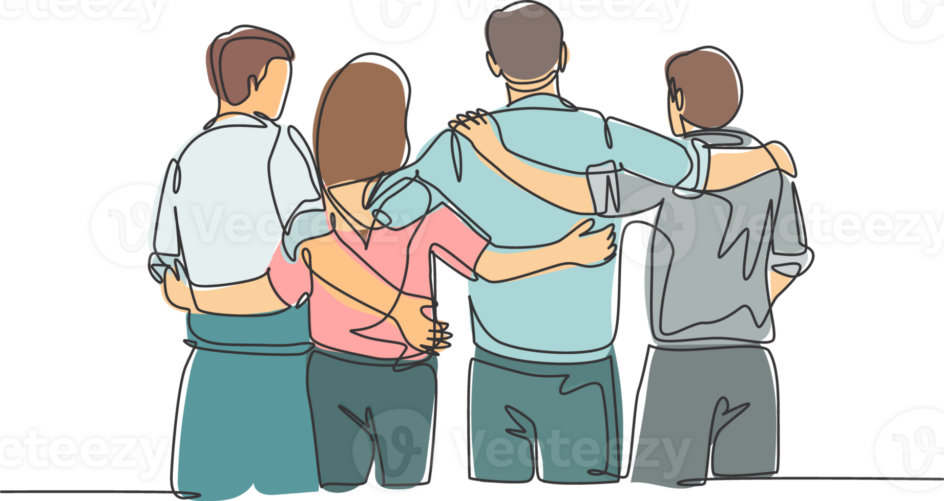 Single continuous line drawing about group of men and woman from multi ethnic standing and hugging together to show their unity bonding. Friendship concept one line draw design illustration png