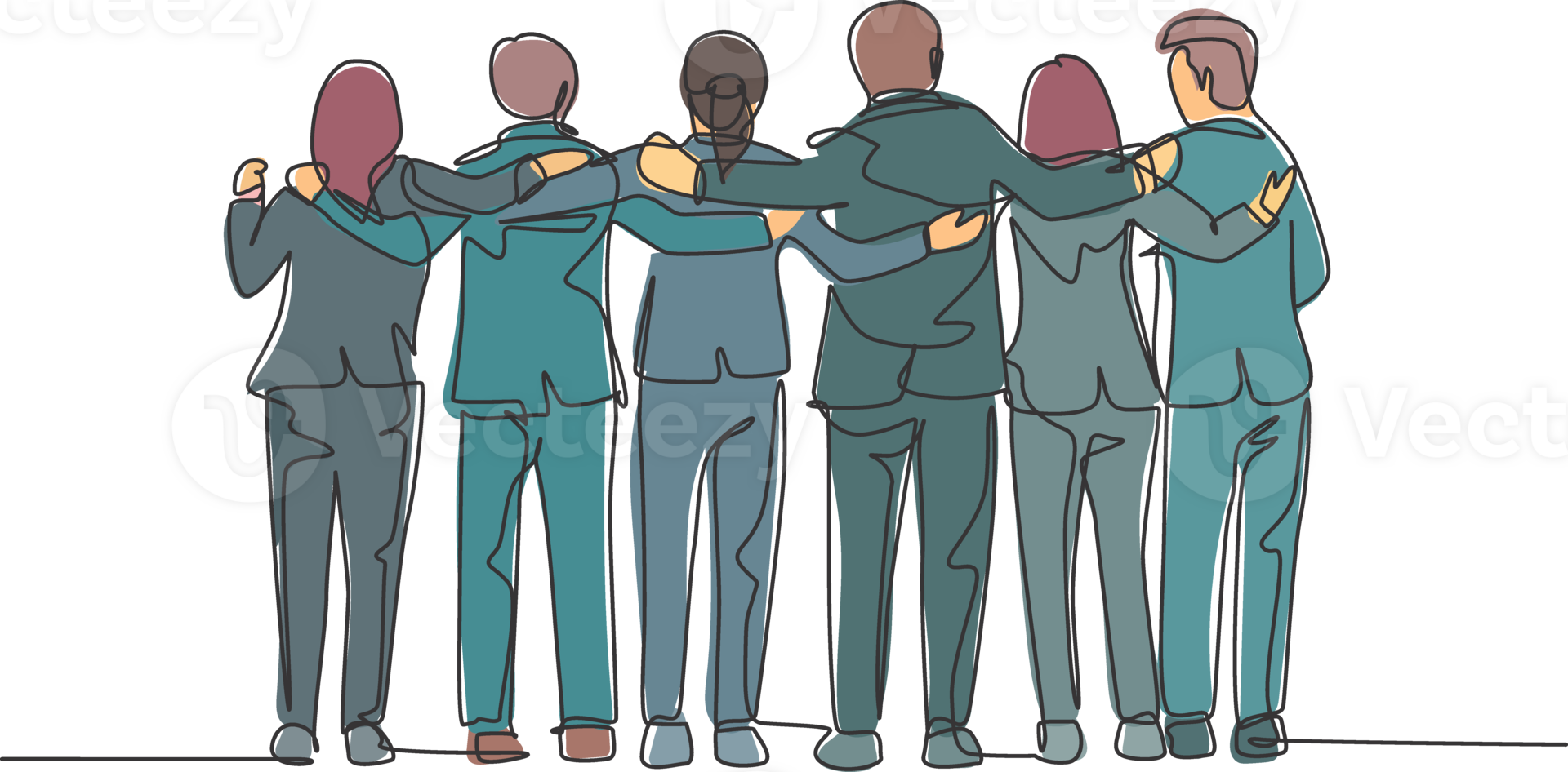 One single line drawing about group of men and woman from multi ethnic standing together to show their friendship bonding. Unity in diversity concept continuous line draw design illustration png