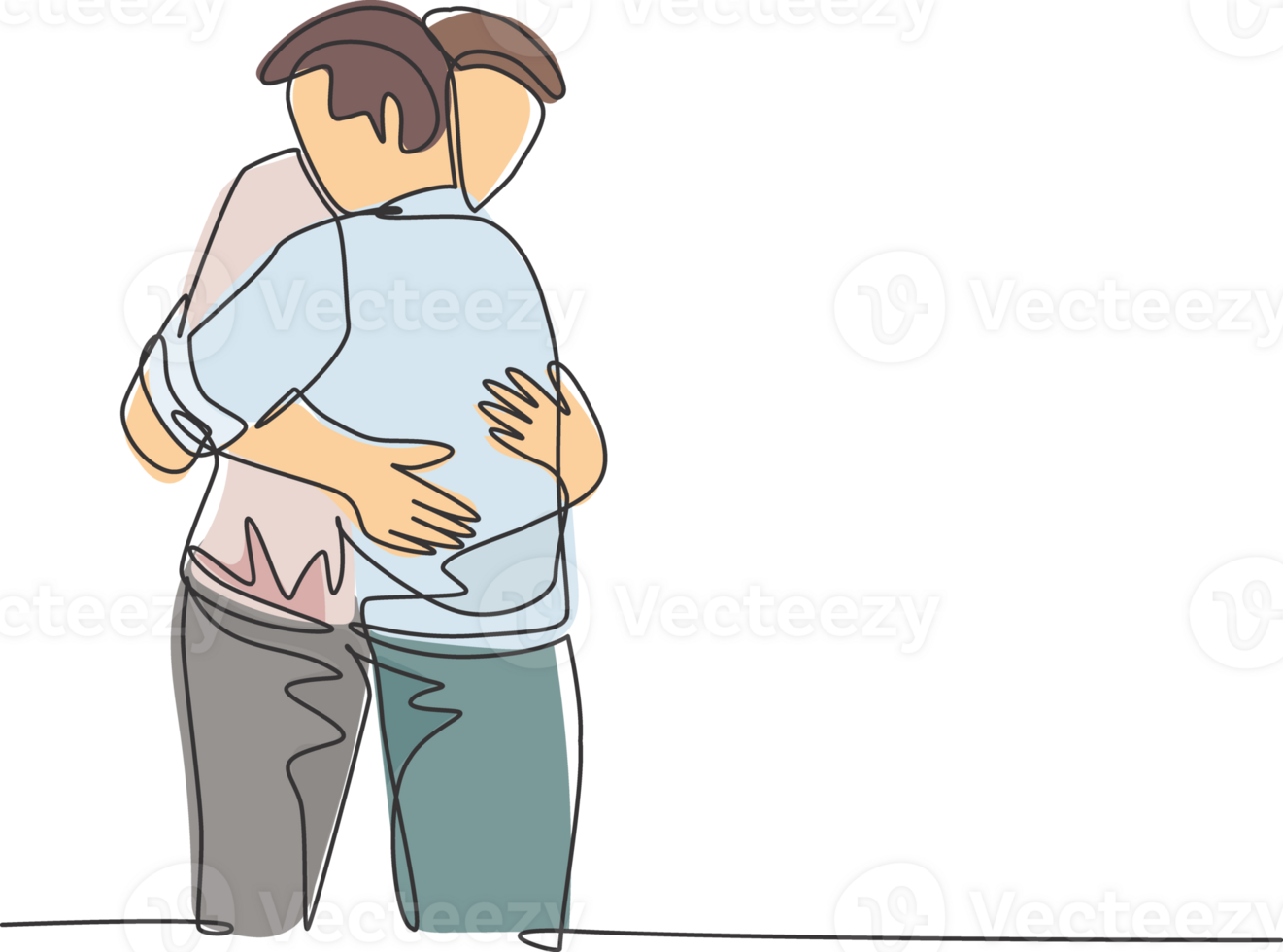 One single line drawing of two young happy managers embracing each other to congratulate job promotion at office. Felicitation friend greeting concept continuous line draw design illustration png