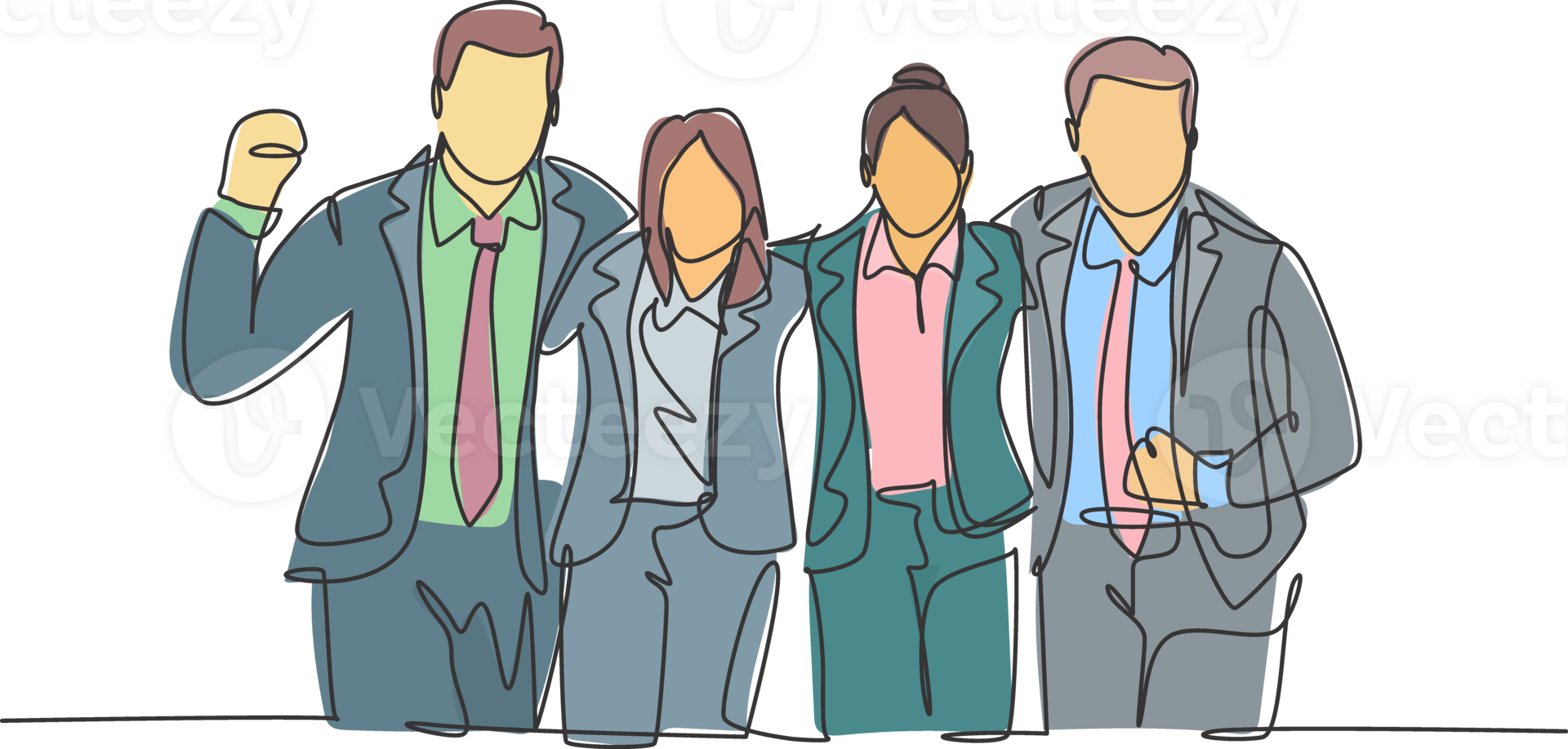 One continuous line drawing of young happy male and female manager standing together and hugging each other to show their unity bonding. Friendship concept single line draw design illustration png