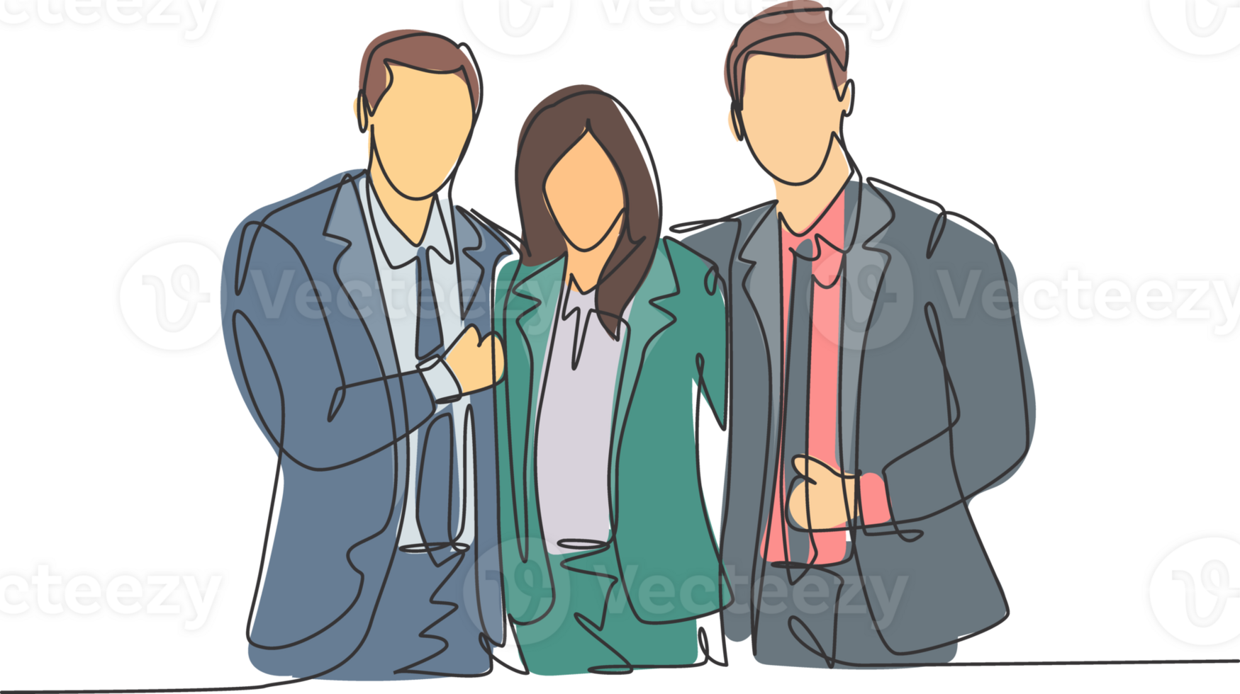 One continuous line drawing of young happy male and female manager standing together and hugging each other to show their unity bonding. Friendship concept single line draw design illustration png