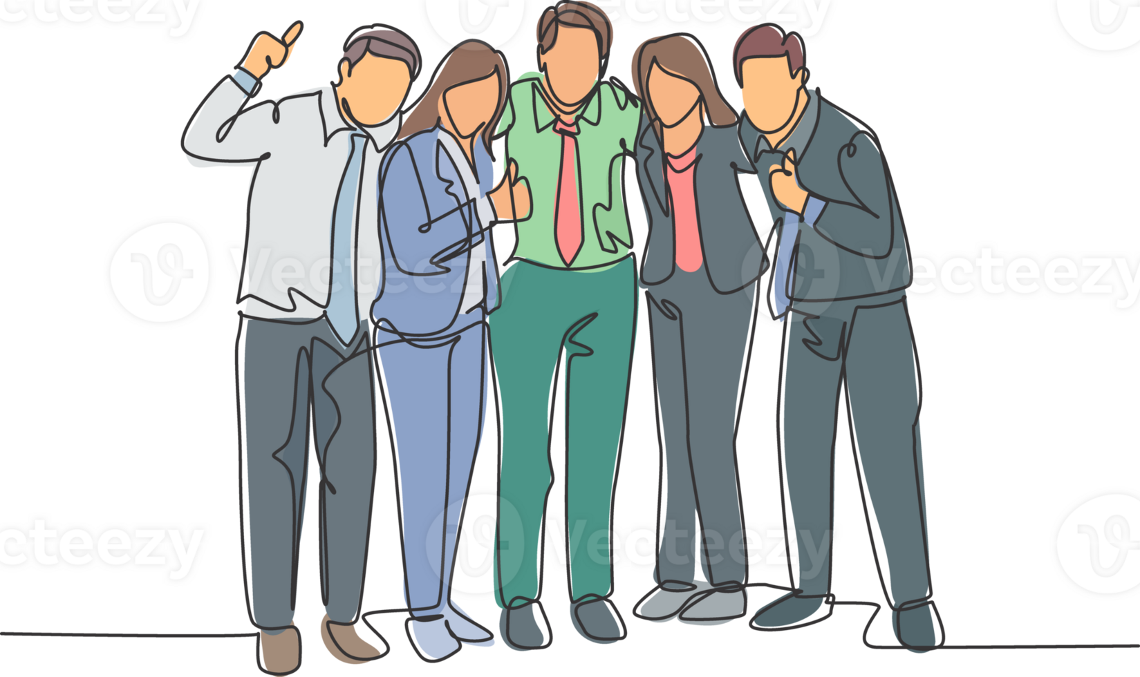 One continuous line drawing of young male and female business people posing hugging each other to celebrate their success. Business goal achievement concept single line draw design illustration png
