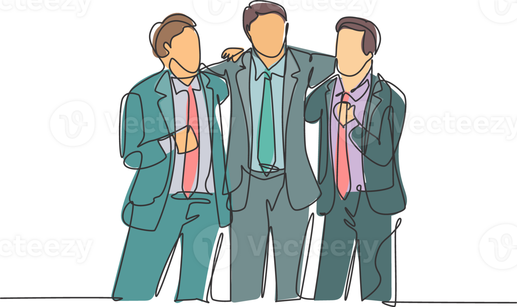 One single line drawing of three young male employee standing together and hugging each other while meeting at the office. Business friendship concept continuous line draw design illustration png