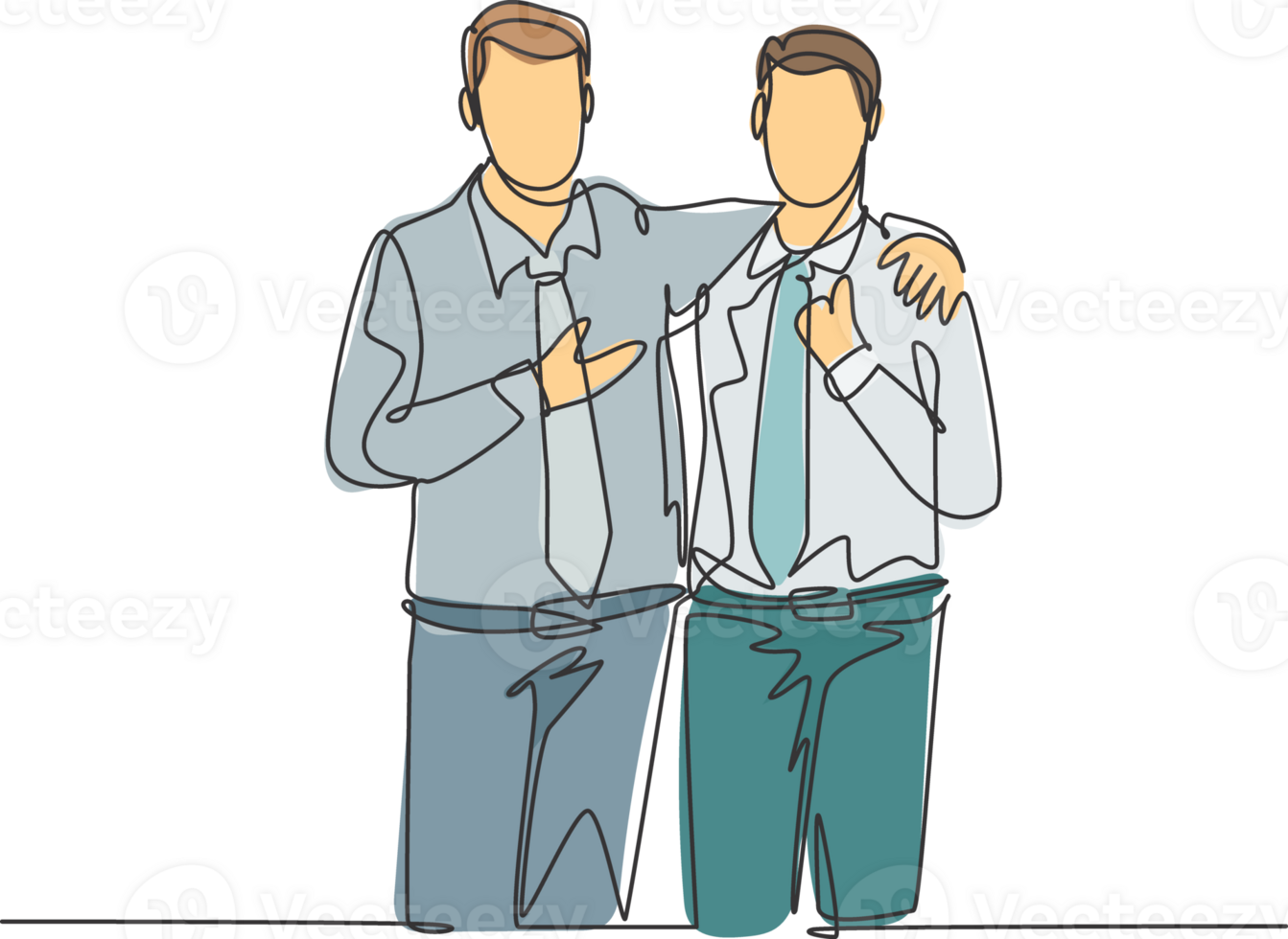 One single line drawing of young happy businessmen hugging each other to show support when meeting at the office. Business friendship concept continuous line draw design graphic illustration png