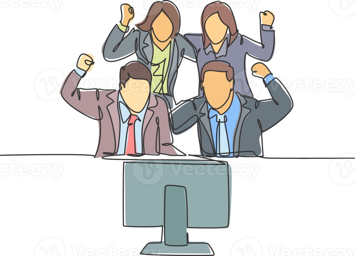 One continuous line drawing about group of marketing team celebrating and hugging each other for their successful goal achievement. Work celebration concept single line draw design illustration png