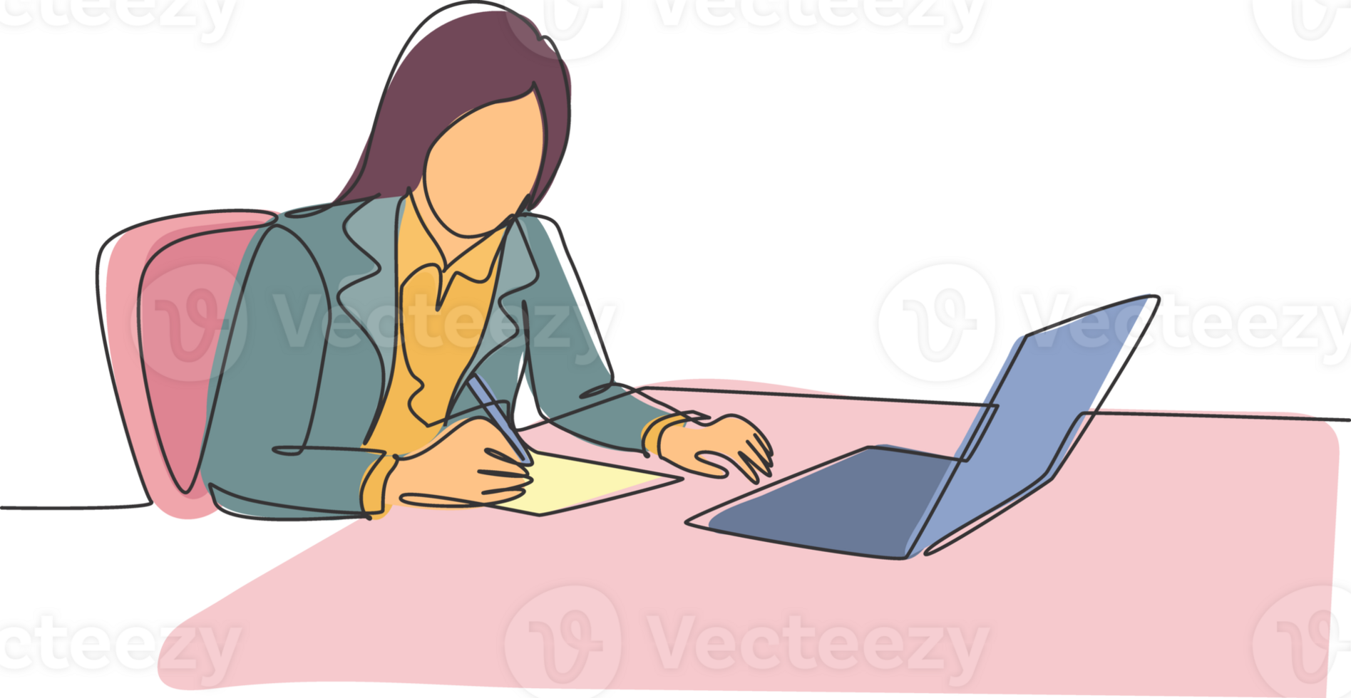 One single line drawing of young happy female worker at the office tightly hugging the file she was carrying. Work excellence service concept continuous line draw design illustration png