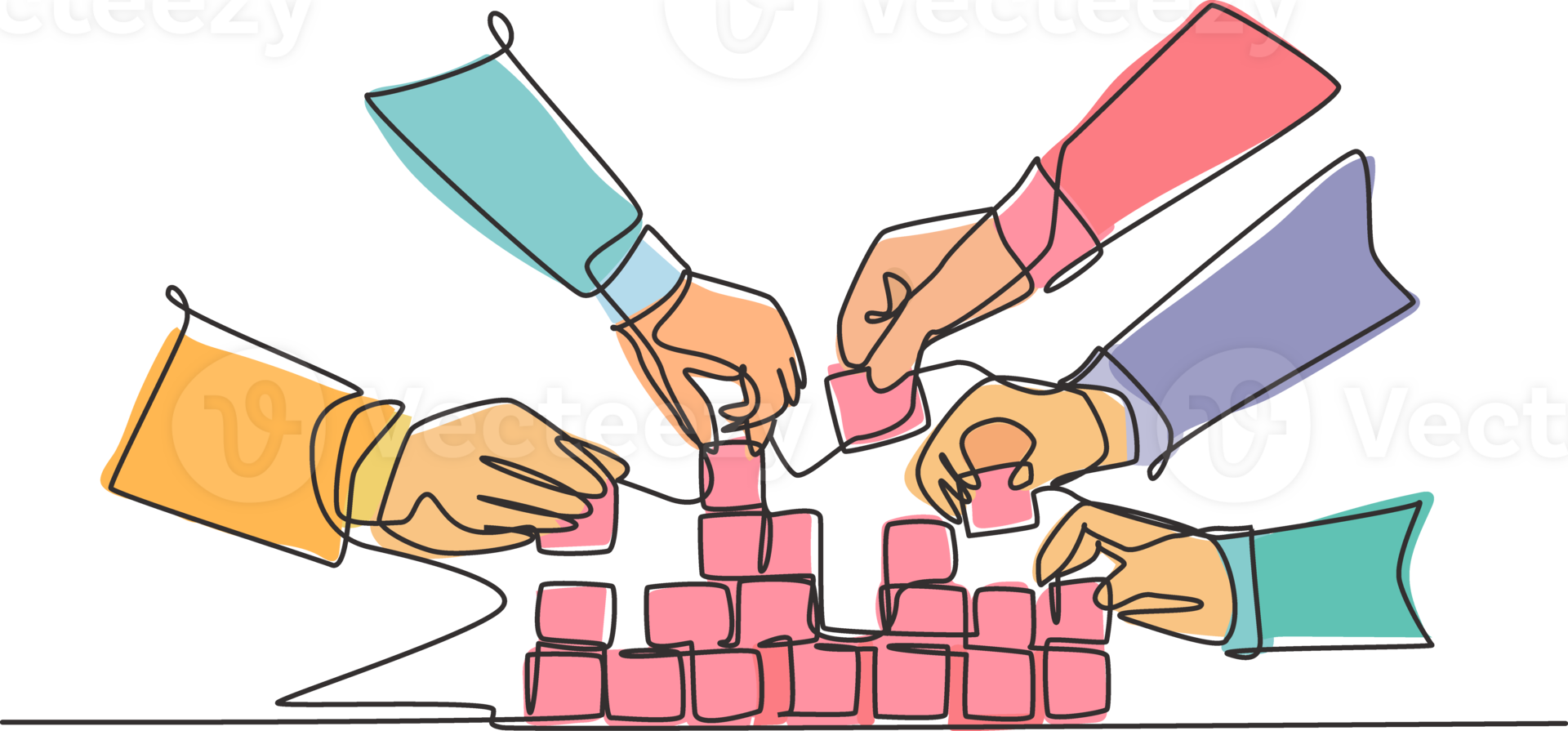 Single continuous line drawing of business team member arrange wooden cube block become sturdy tower together to improve team building. Teamwork concept one line draw design illustration png