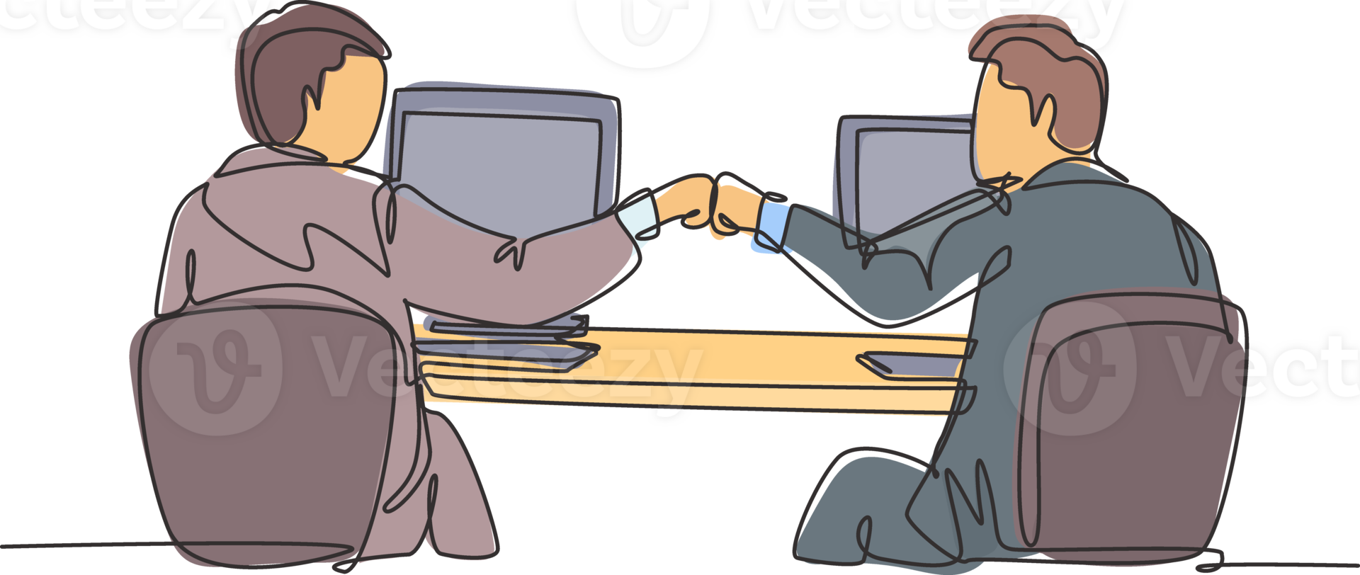 One continuous line drawing of two young happy male worker bump their fist to celebrate their success at the office. Business teamwork concept single line graphic draw design illustration png