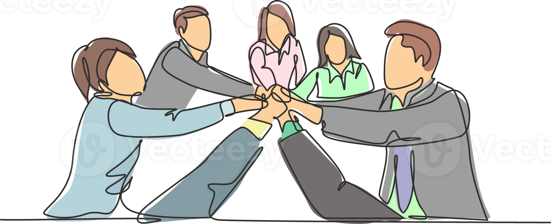 One single line drawing group of young happy male and female business people unite their hands together to form a circle shape. Teamwork unity concept continuous line draw design illustration png