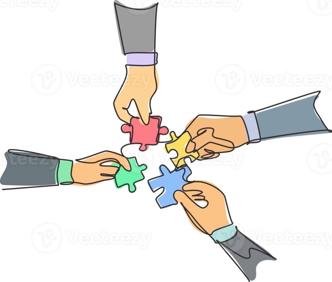 Single continuous line drawing of business team members unite puzzle pieces together to one as team building symbol. Employee teamwork concept. Trendy one line draw design graphic illustration png