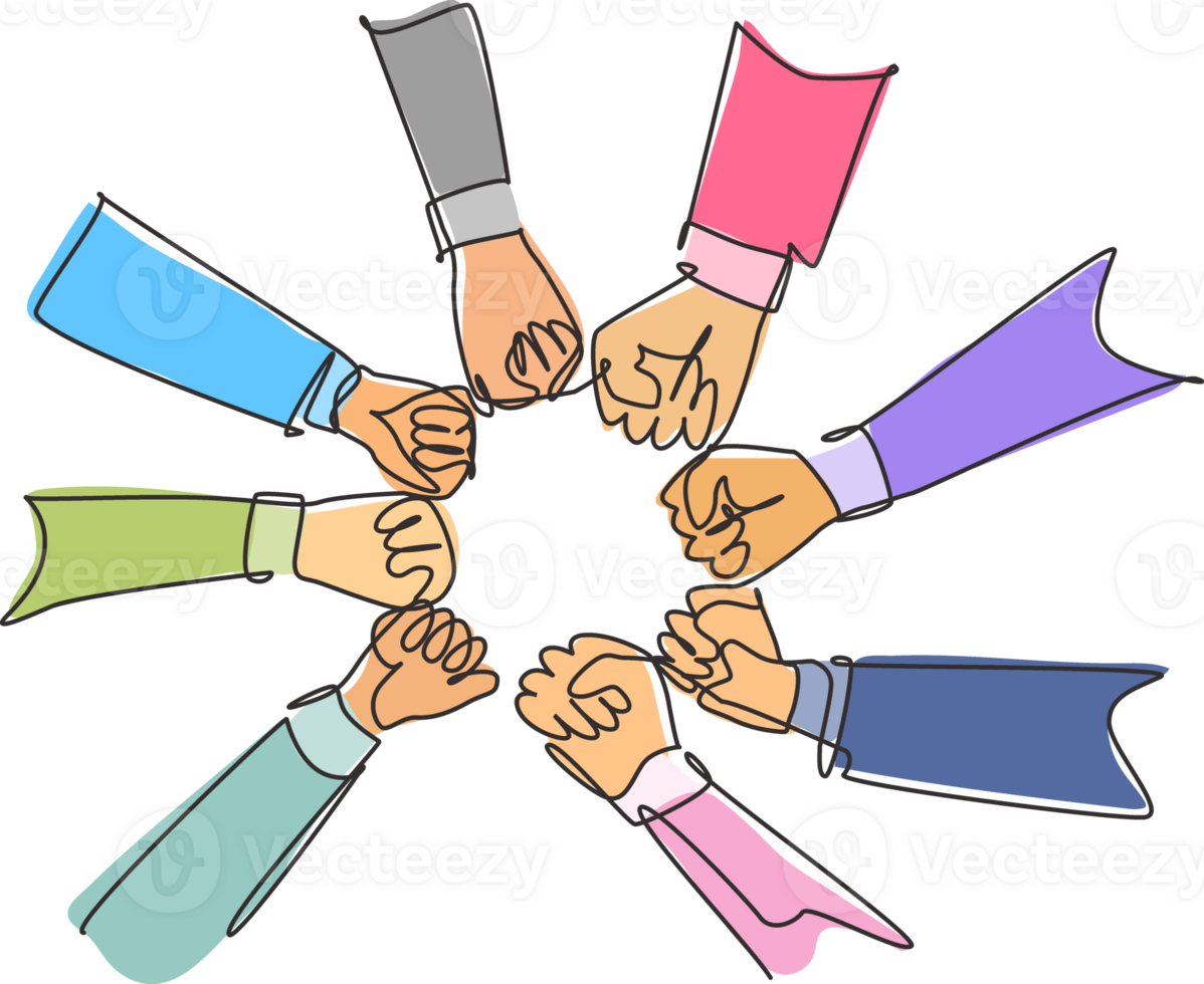 Single continuous line drawing group of young business people unite their hands together to form a circle shape as a unity symbol. Teamwork concept one line draw graphic design illustration png