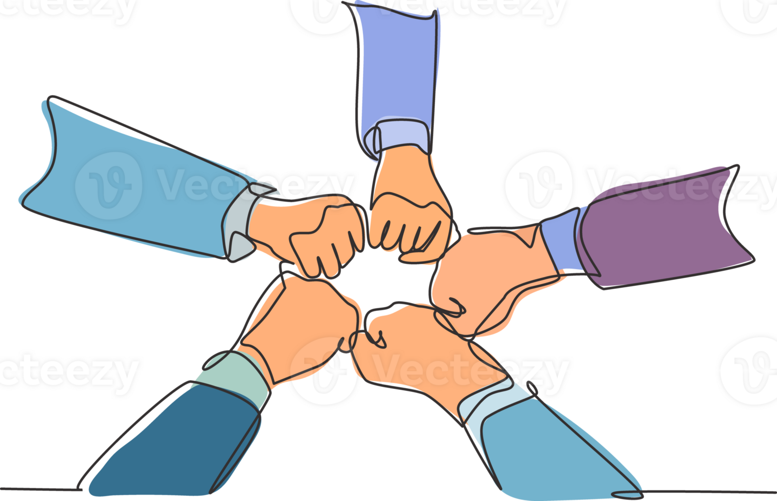 One continuous line drawing group of young male and female business people unite their hands together to form a five star shape. Unity teamwork concept single line draw design illustration png