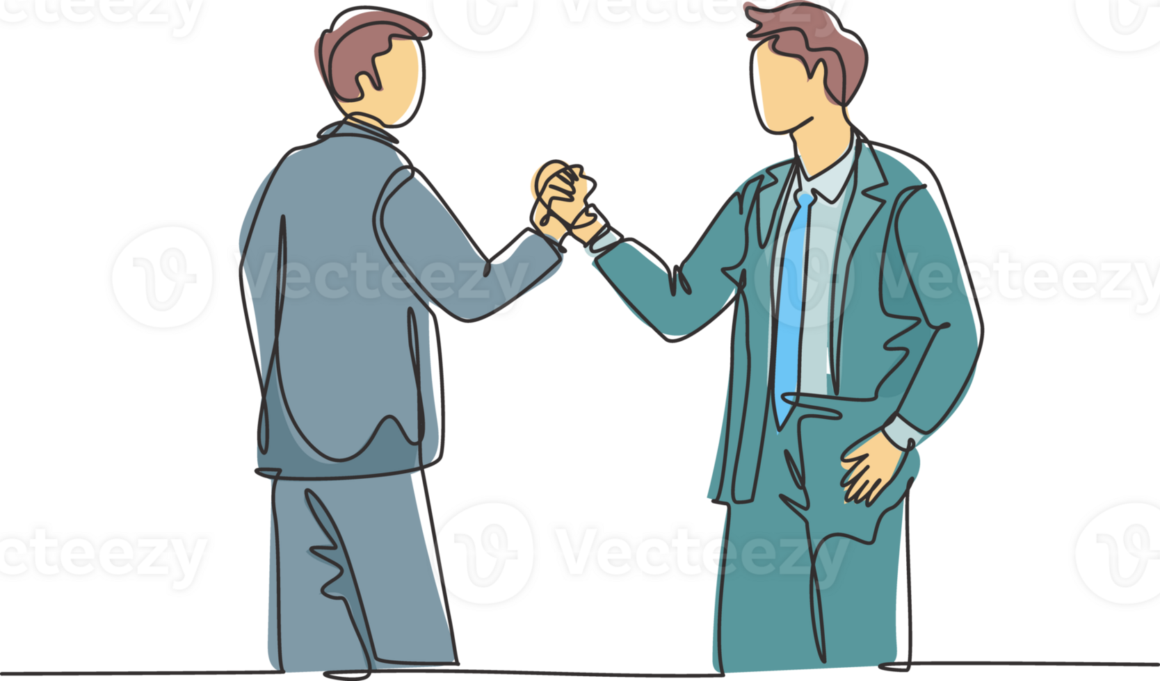 One single line drawing of two young happy business men holding their hands together to mark the commencement of a joint project. Teamwork concept continuous line draw design illustration png