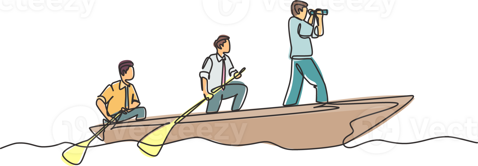 One single line drawing of young male team member take a boat heading to an island while the leader navigate them using binocular. Teamwork concept continuous line draw design illustration png
